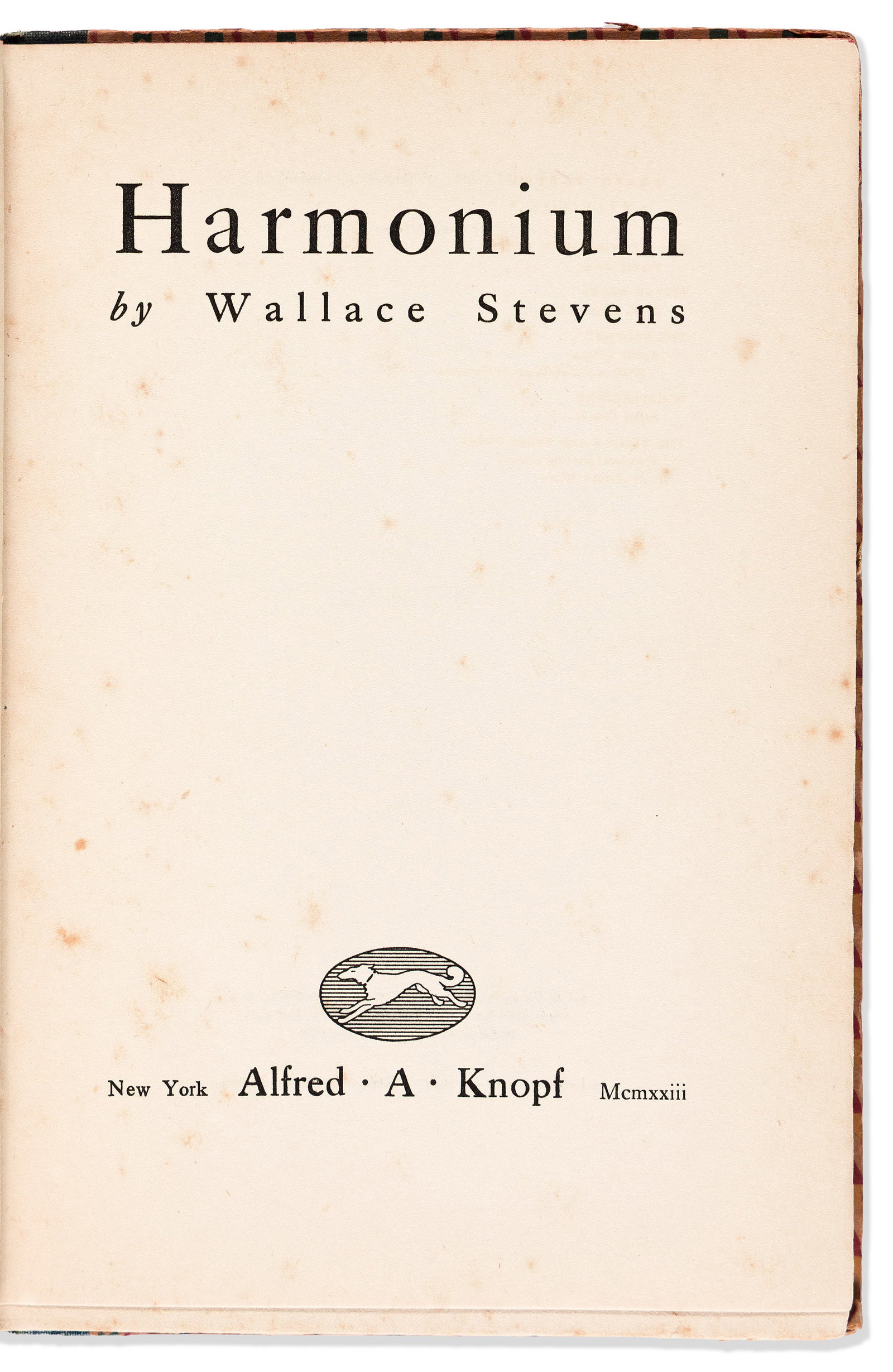 Wallace Stevens (1879-1955) Harmonium. New York: Alfred A. Knopf, 1923. (1 of 1)