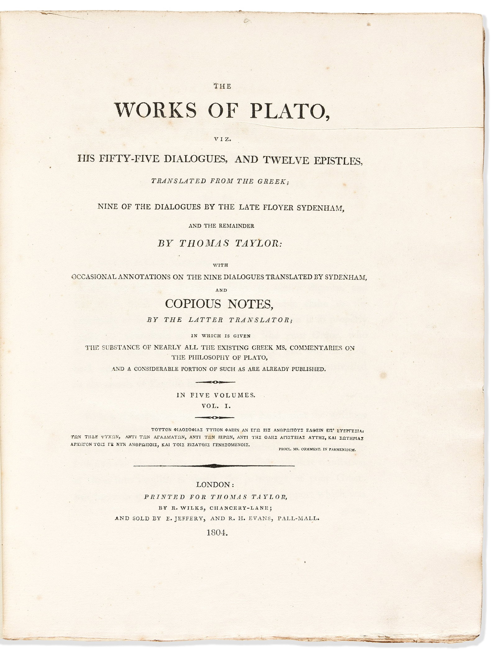 Plato. Thomas Taylor (1758-1835), translator. The Works of Plato, viz. His Fifty-five Dialogues, and (1 of 1)