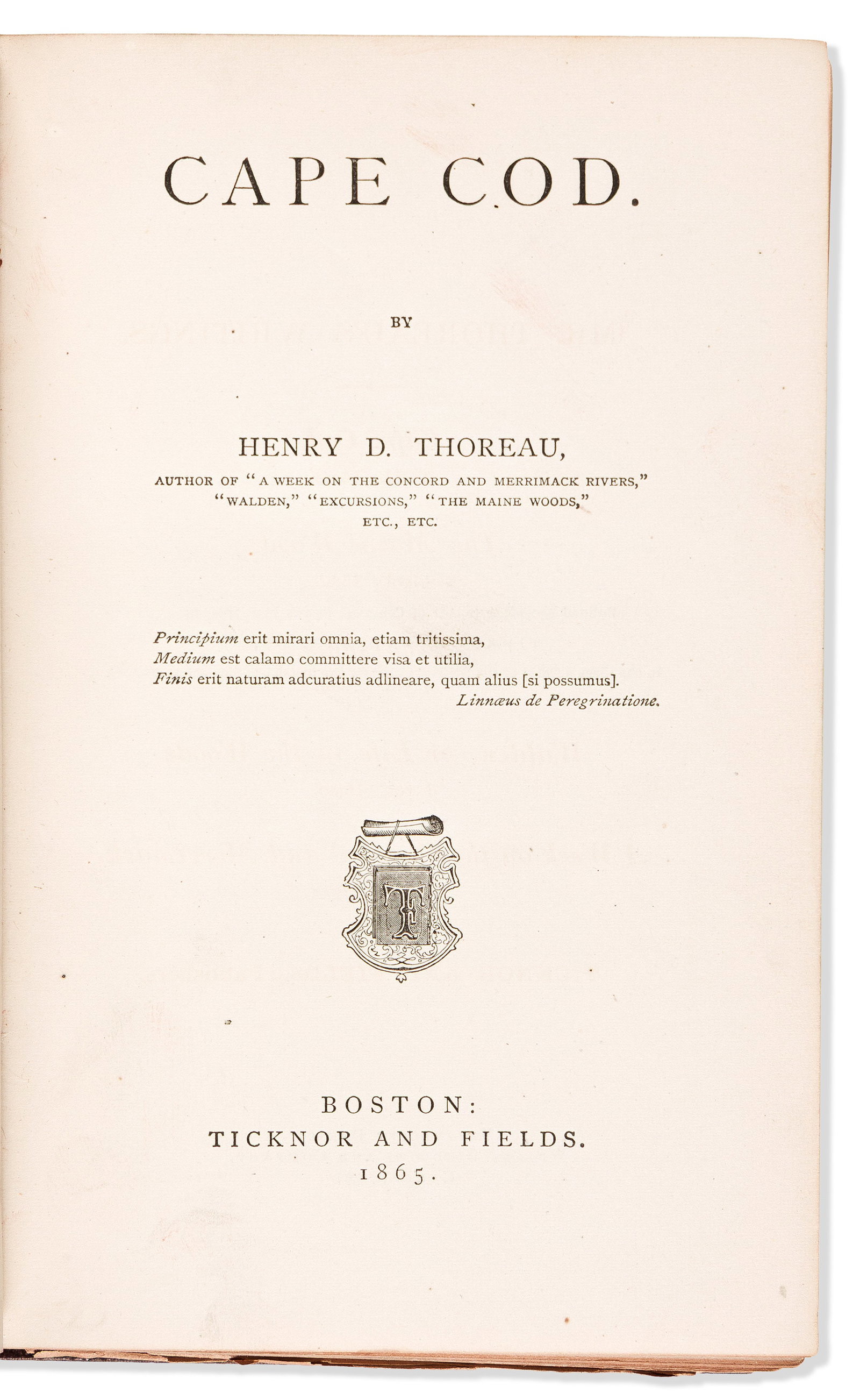 Henry David Thoreau (1817-1862) Cape Cod. Boston: Ticknor and Fields, 1865.: Henry David Thoreau (1817-1862) Cape Cod. Boston: Ticknor and Fields, 1865. First edition, limited first issue, octavo; one of 2,000 copies printed, with 24 pp. of publisher's advertisements at rear;
