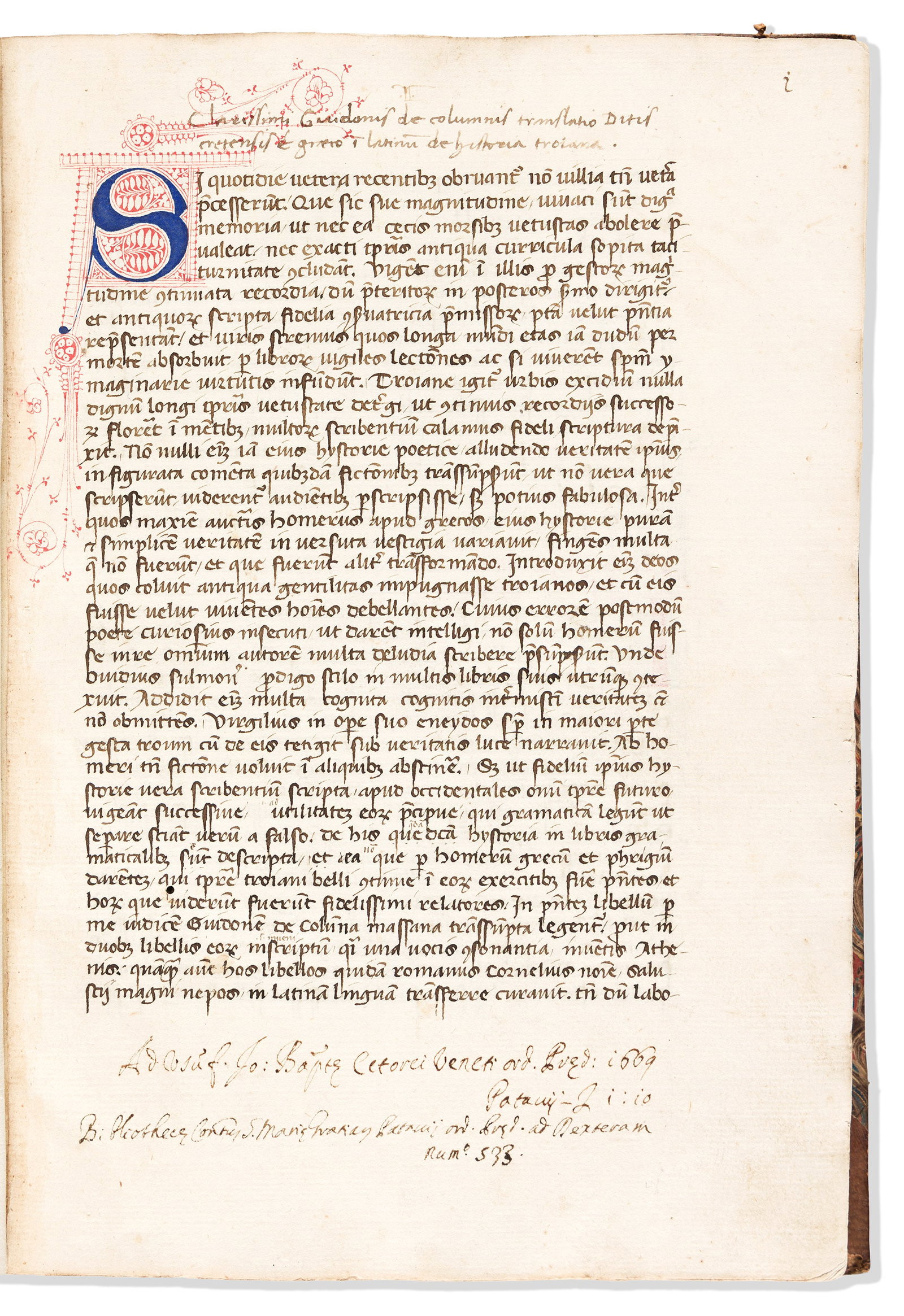 Guido delle Colonna (fl. 13th century) Historia Destructionis Troiae. Manuscript on Paper. South (1 of 2)