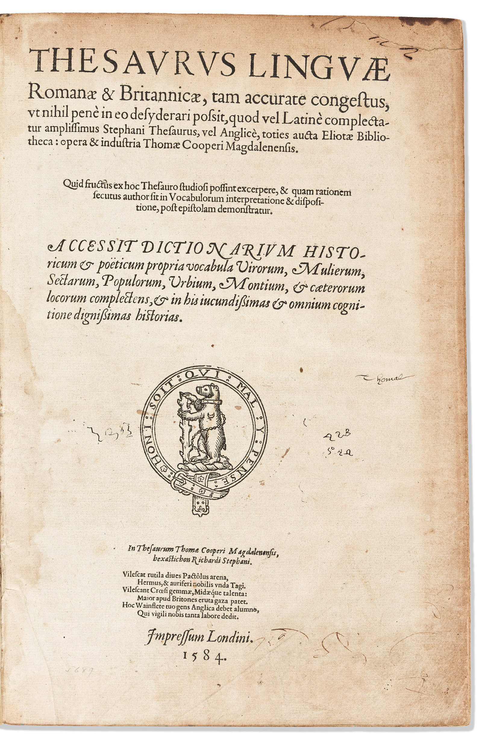 Thomas Cooper (1517?-1594) Thesaurus Linguae Romanae & Britannicae London: Bynneman, 1584. (1 of 1)