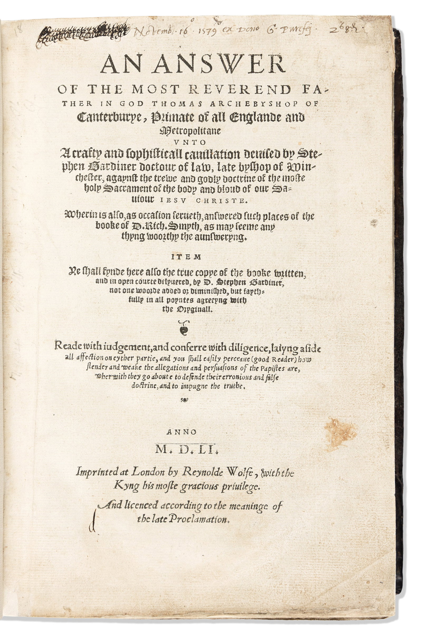 Thomas Cranmer (1489-1556) An Answer of the Most Reverend Father in God Thomas Archebyshop unto A (1 of 2)