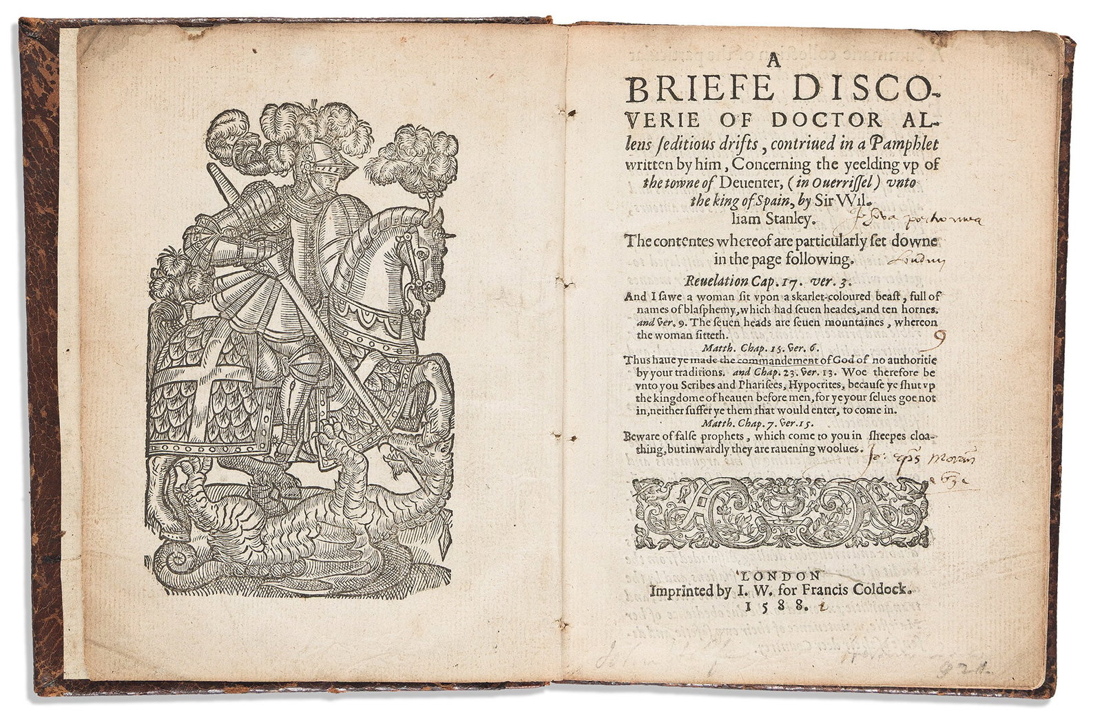 G.D. A Briefe Discouerie of Doctor Allens Seditious Drifts. London: Printed by I. W[olfe] for (1 of 1)