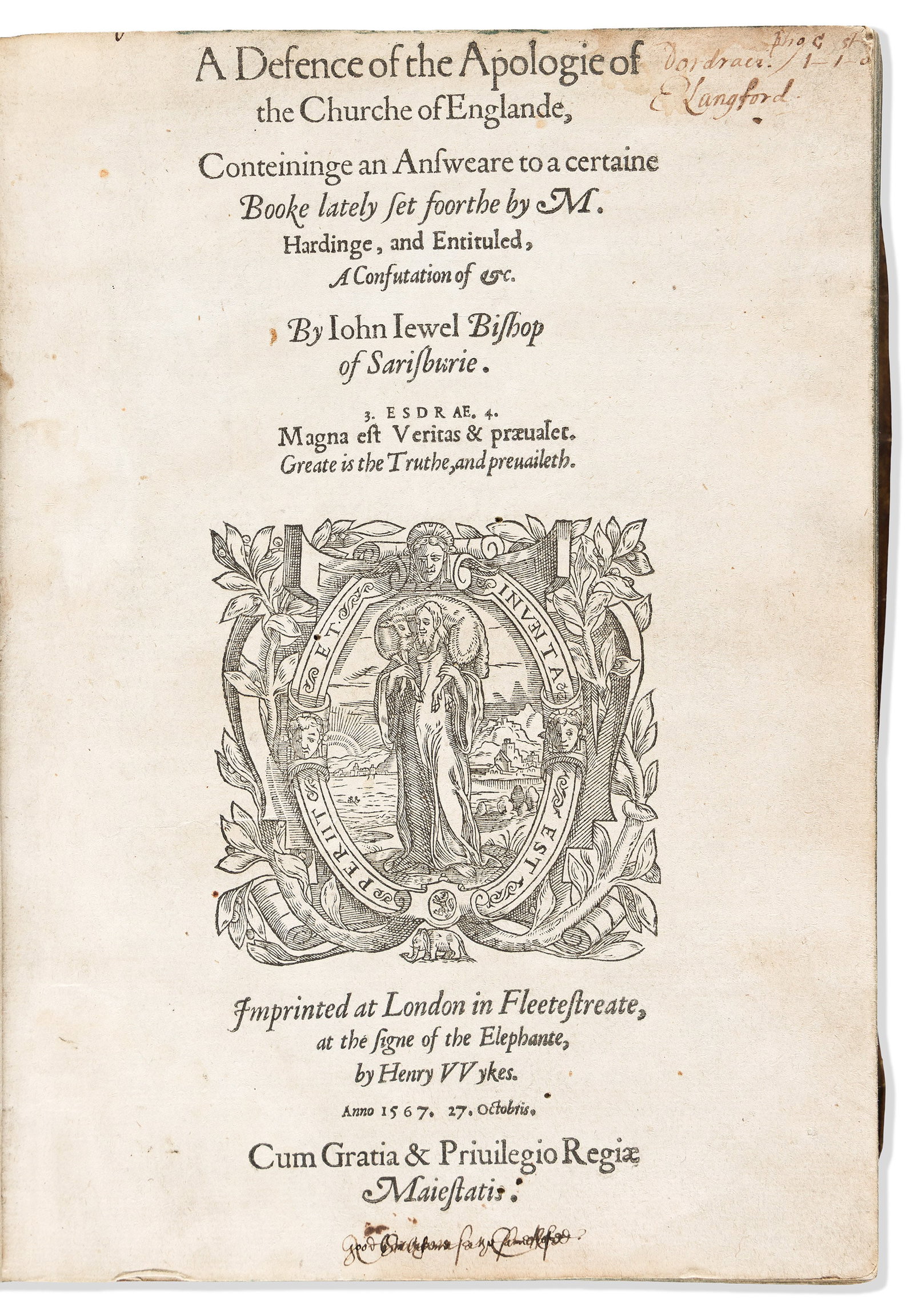John Jewel (1522-1571) A Defence of the Apologie of the Churche of Englande. London: Henry Wykes, (1 of 1)