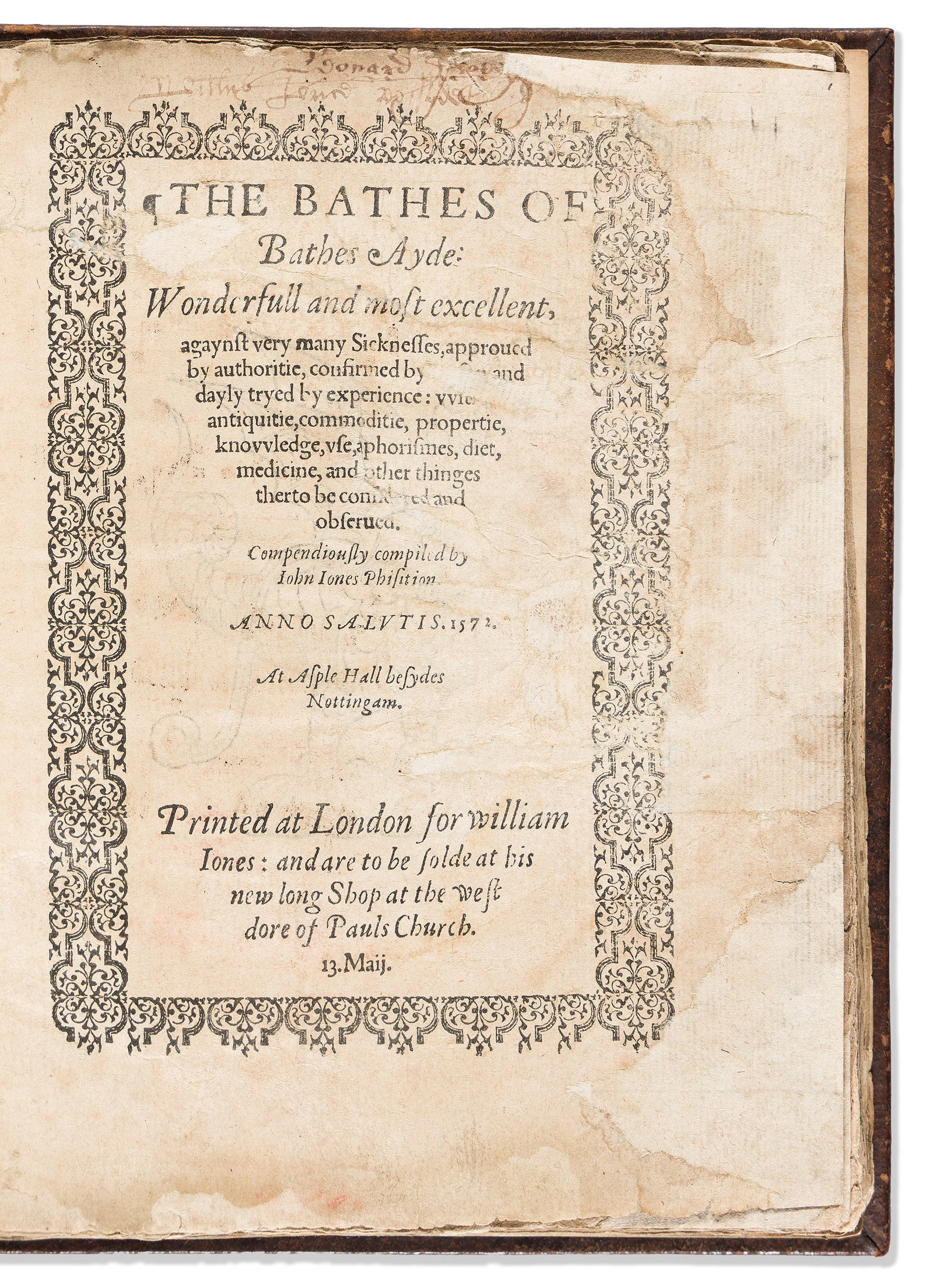 John Jones (active 1562-1579) The Bathes of Bathes Ayde. London: [by Thomas East] for William Jones, (1 of 1)