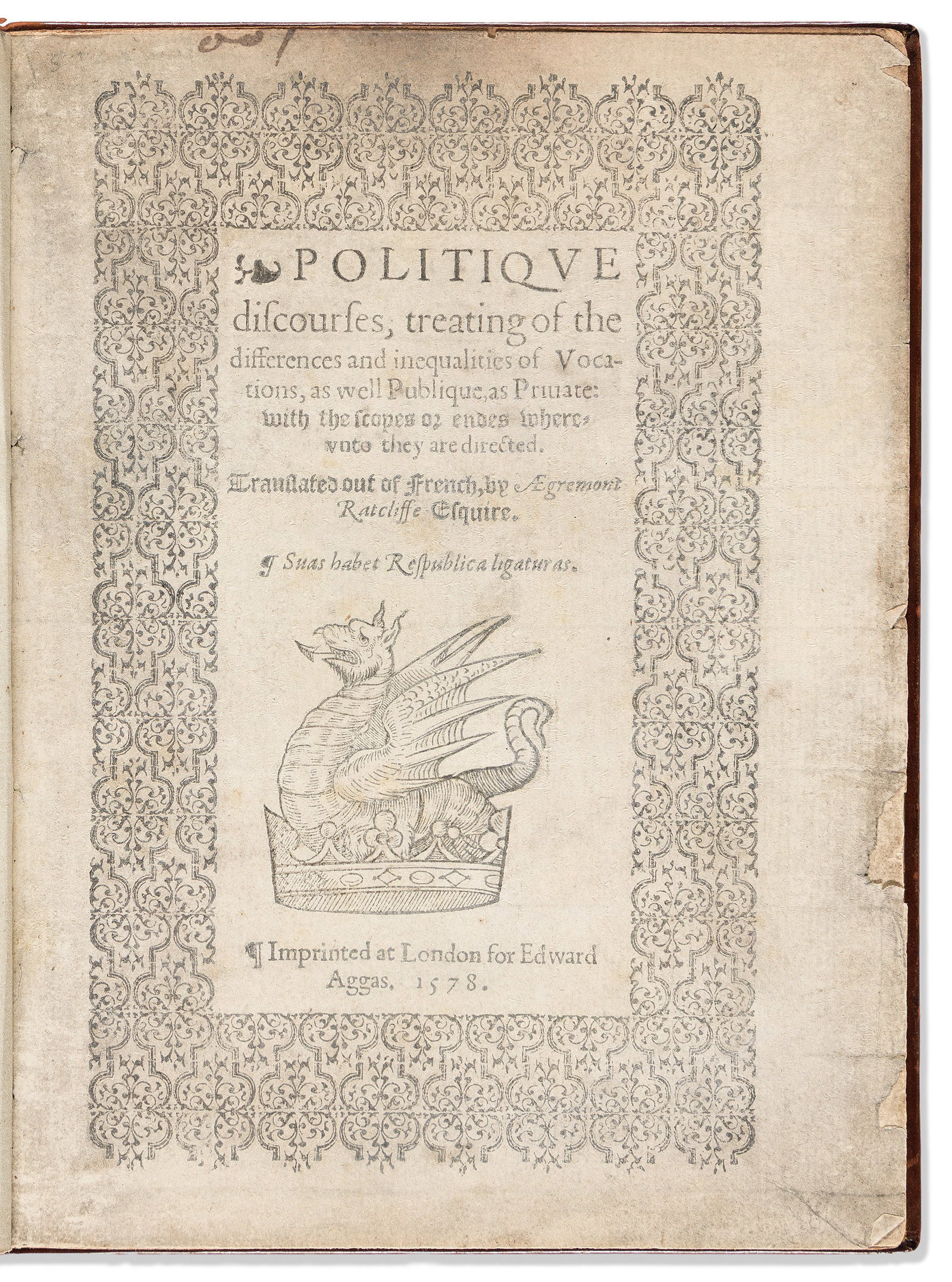 Pierre de La Place (1520-1572) Politique Discourses, Treating of the Differences and Inequalities of (1 of 1)