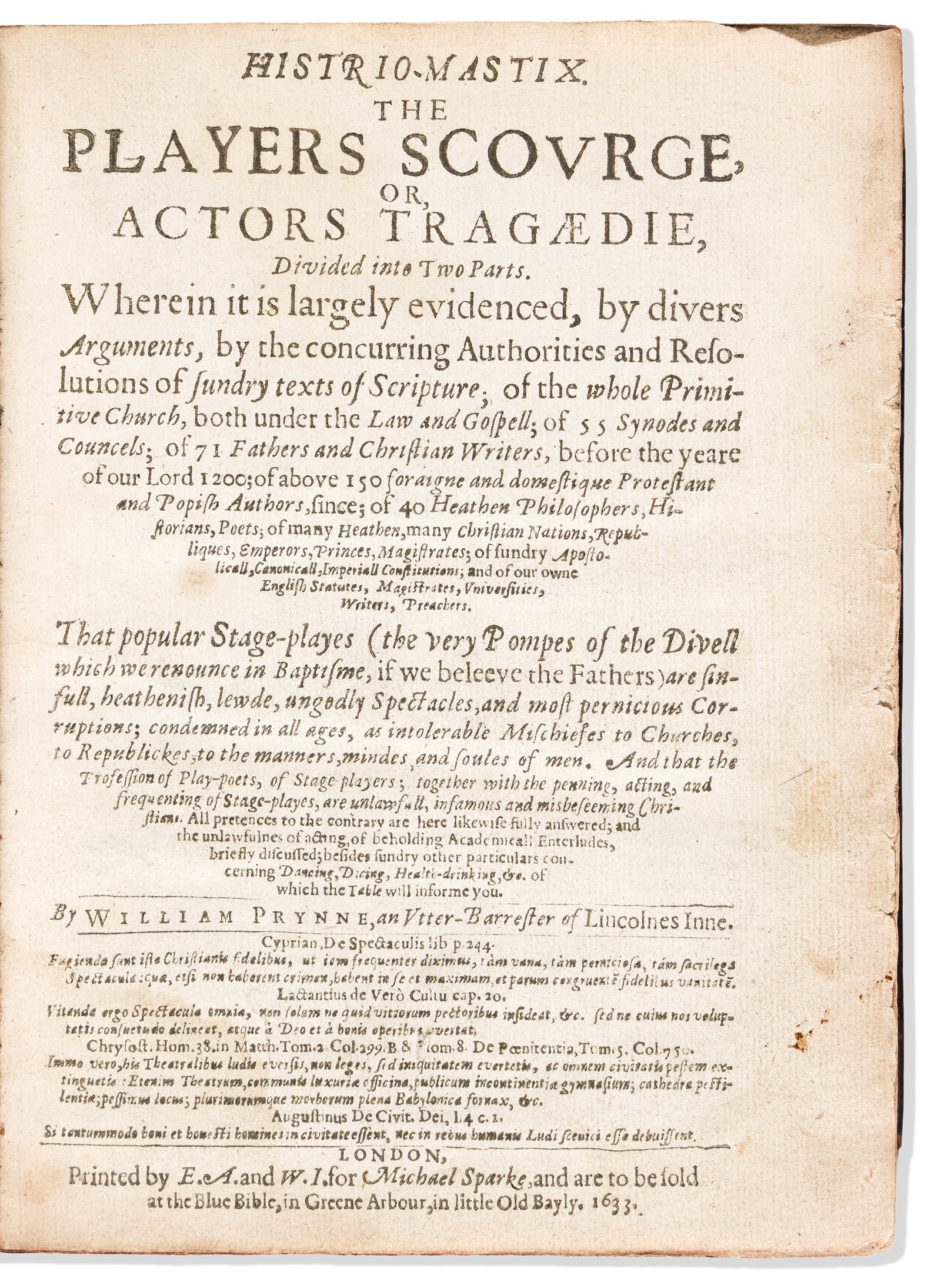 William Prynne (1600-1669) Histrio-Mastix. The Players Scourge or Actors Tragaedie. London: (1 of 1)