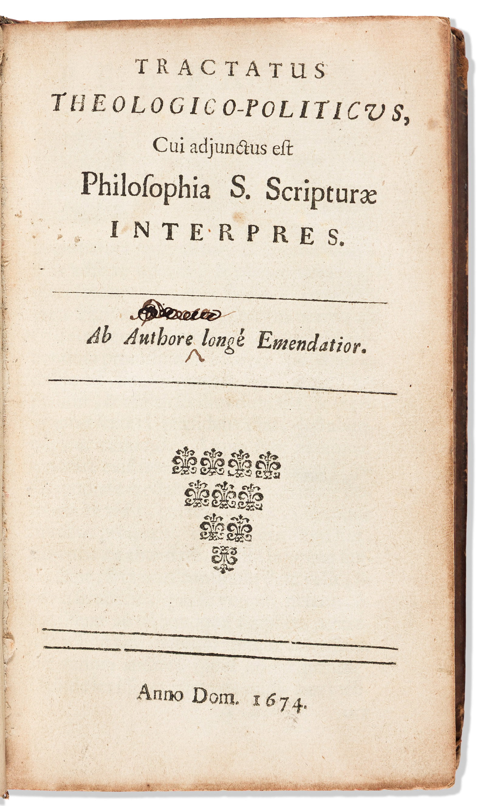 Baruch Spinoza (1632-1677) Tractatus Theologico-Politicus, cui adjunctus est Philosophia S.: Baruch Spinoza (1632-1677) Tractatus Theologico-Politicus, cui adjunctus est Philosophia S. Scripturae Interpres. [Amsterdam?: no printer], 1674. Octavo, third edition with title printed in English st