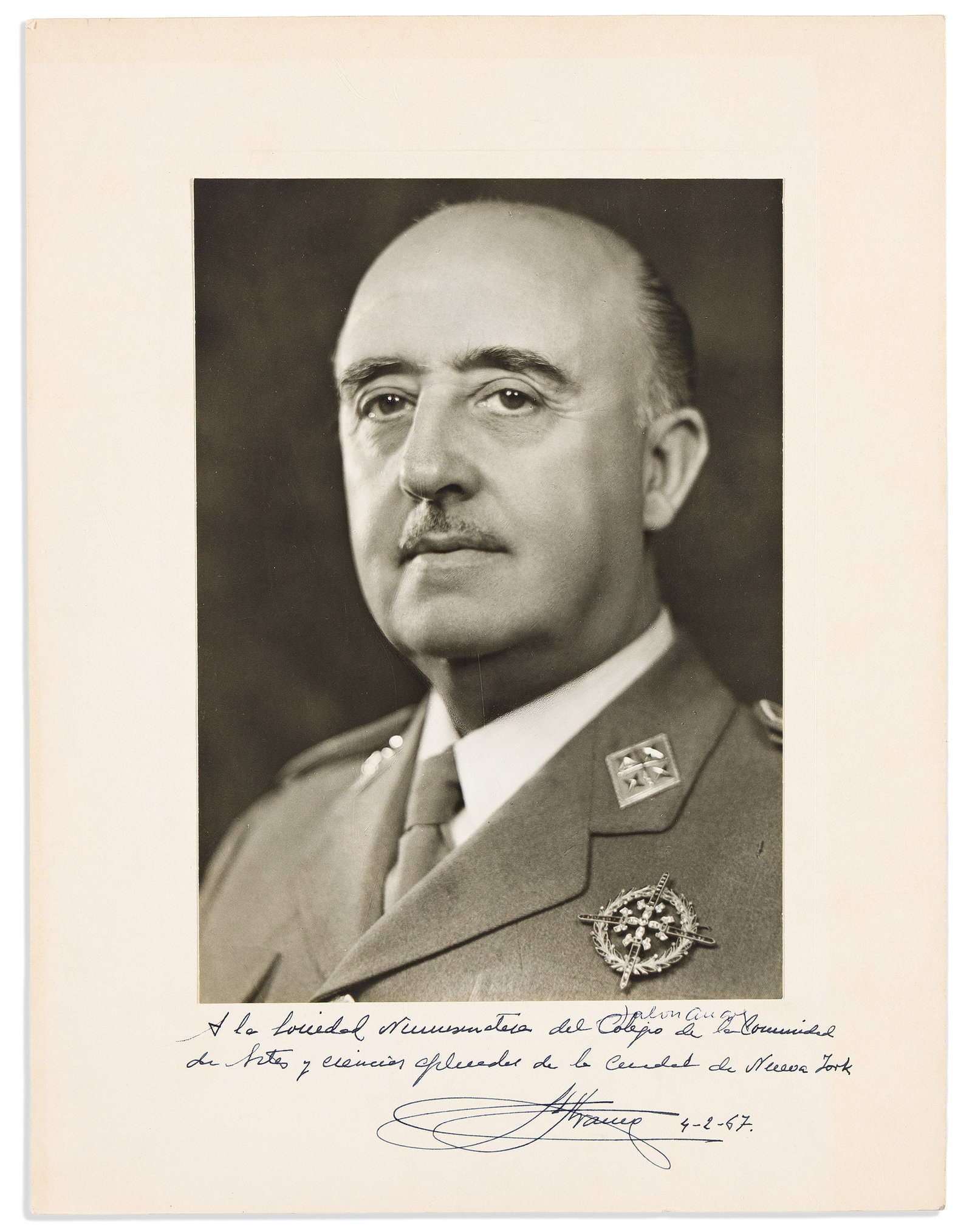 Francisco Franco. Photograph Signed and Inscribed, "To the Numismatic Society of the Community (1 of 1)