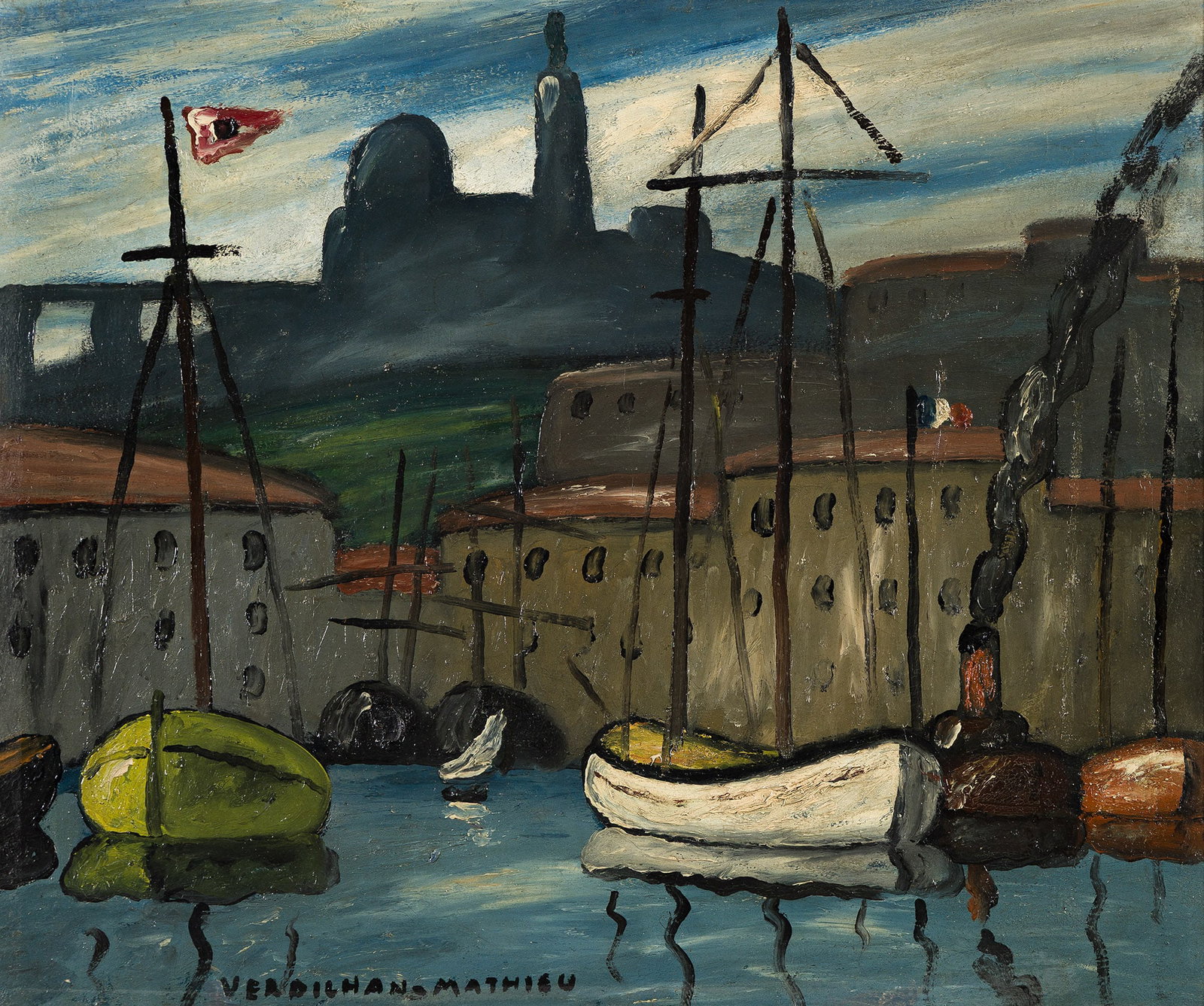Louis Mathieu Verdilhan, Untitled, (Port of Marseille), Oil on canvas.: Louis Mathieu Verdilhan (1875-1928) Untitled, (Port of Marseille). Oil on canvas. Signed at lower left. 24 x 29 in. (61 x 73.7 cm.), Frame: 31 x 35 1/2 in. (78.7 x 90.2 cm.) Additional Detail