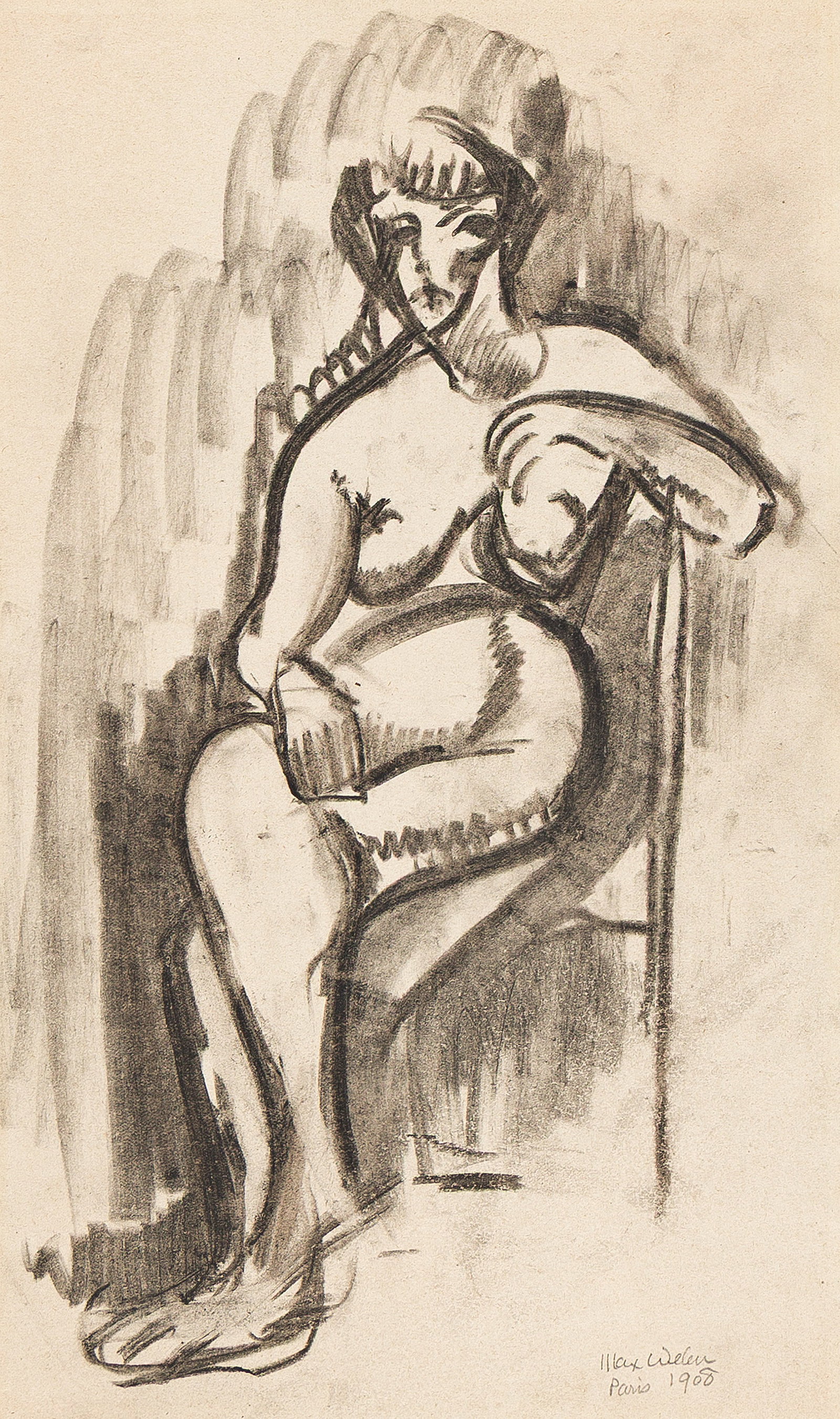 Max Weber, Seated Figure, Charcoal on paper laid to paper, 1908. (1 of 2)