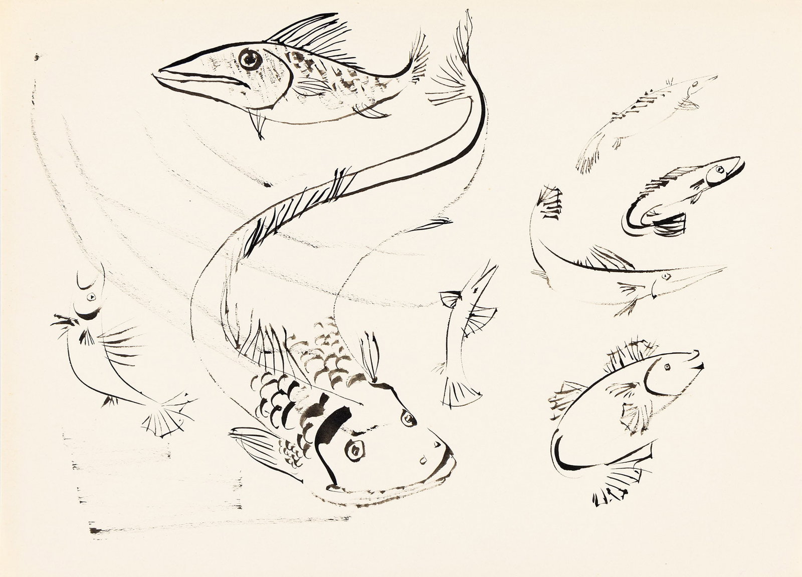 Juliet Kepes, Untitled, (Sea Life), Ink on Fabriano cotton paper.: Juliet Kepes (1919-1979) Untitled, (Sea Life). Ink on Fabriano cotton paper. 9 1/2 x 13 in. (24.1 x 33 cm.) Additional Details Provenance: Estate of the artist. Thence by de