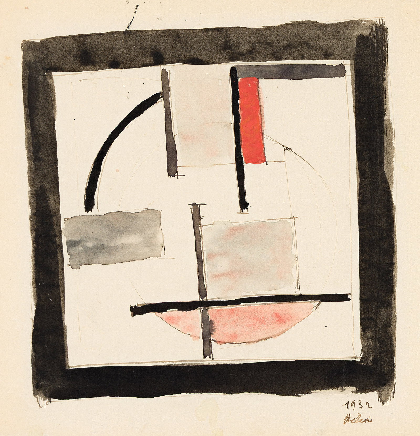 Jean Hélion, Tensions, Water on paper laid to board, 1932.: Jean Hélion (1904-1987) Tensions. Water on paper laid to board, 1932. Signed and dated in ink at lower right. Sheet: 9 x 8 3/4 in. (22.9 x 22.2 cm.), Mount: 10 1/8 x 9 3/4 in. (25.7 x 24.8 cm.)