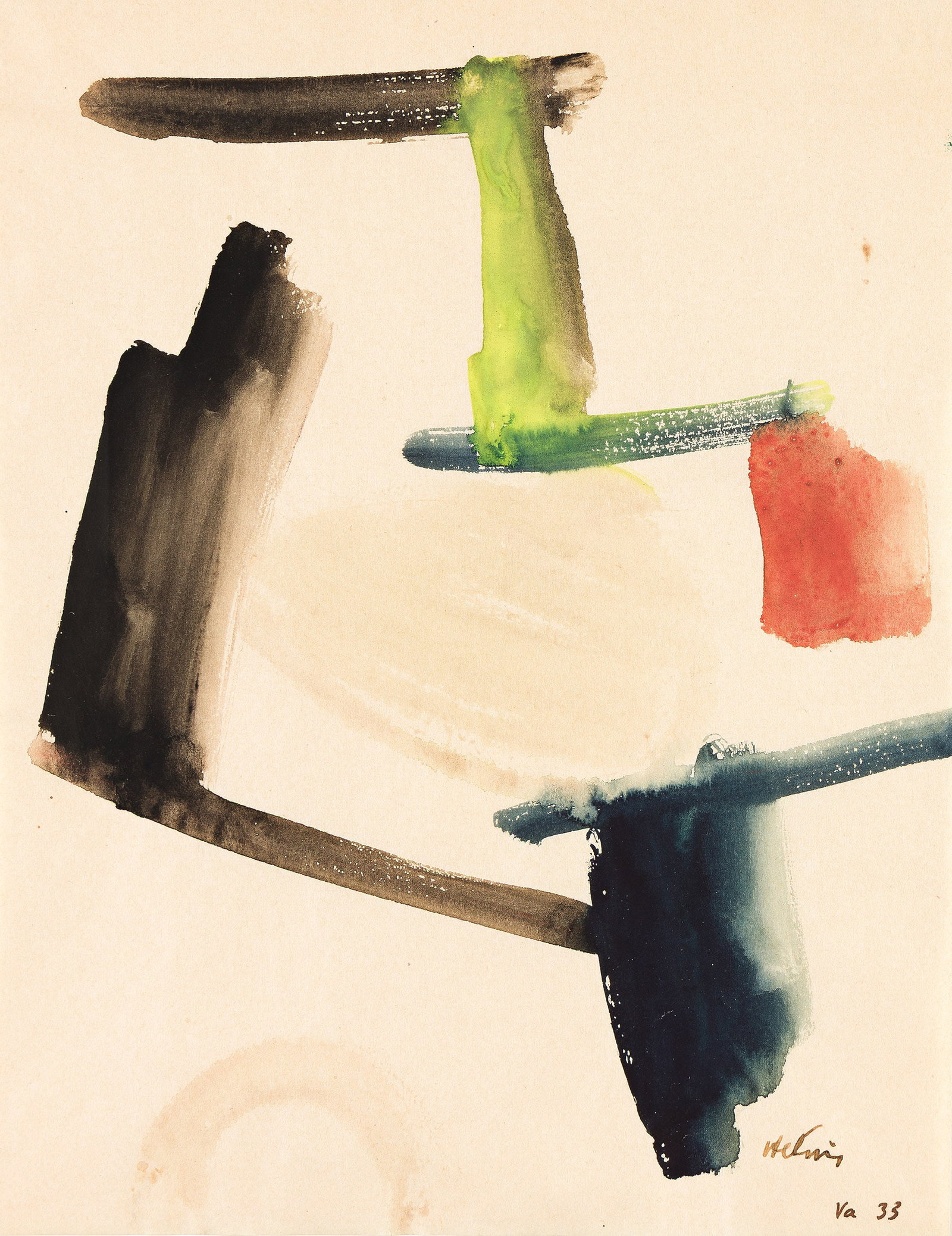 Jean Hélion, Equilibre, watercolor on paper, 1933.: Jean Hélion (1904-1987) Equilibre. watercolor on paper, 1933. Signed, dated, and inscribed, "Va," in ink at lower right. 10 1/2 x 8 1/4 in. (26.7 x 21 cm.), Frame: 21 x 19 in. (53.3 x 48.3 cm.)