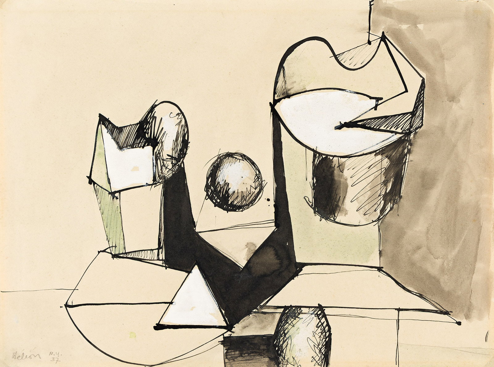 Jean Hélion, Abstraction, Ink and watercolor on paper, 1937.: Jean Hélion (1904-1987) Abstraction. Ink and watercolor on paper, 1937. Signed, dated, and inscribed, "N.Y.," in pencil at lower left. 11 x 14 3/4 in. (27.9 x 37.5 cm.), Frame: 18 3/4 x 22 1/4 in