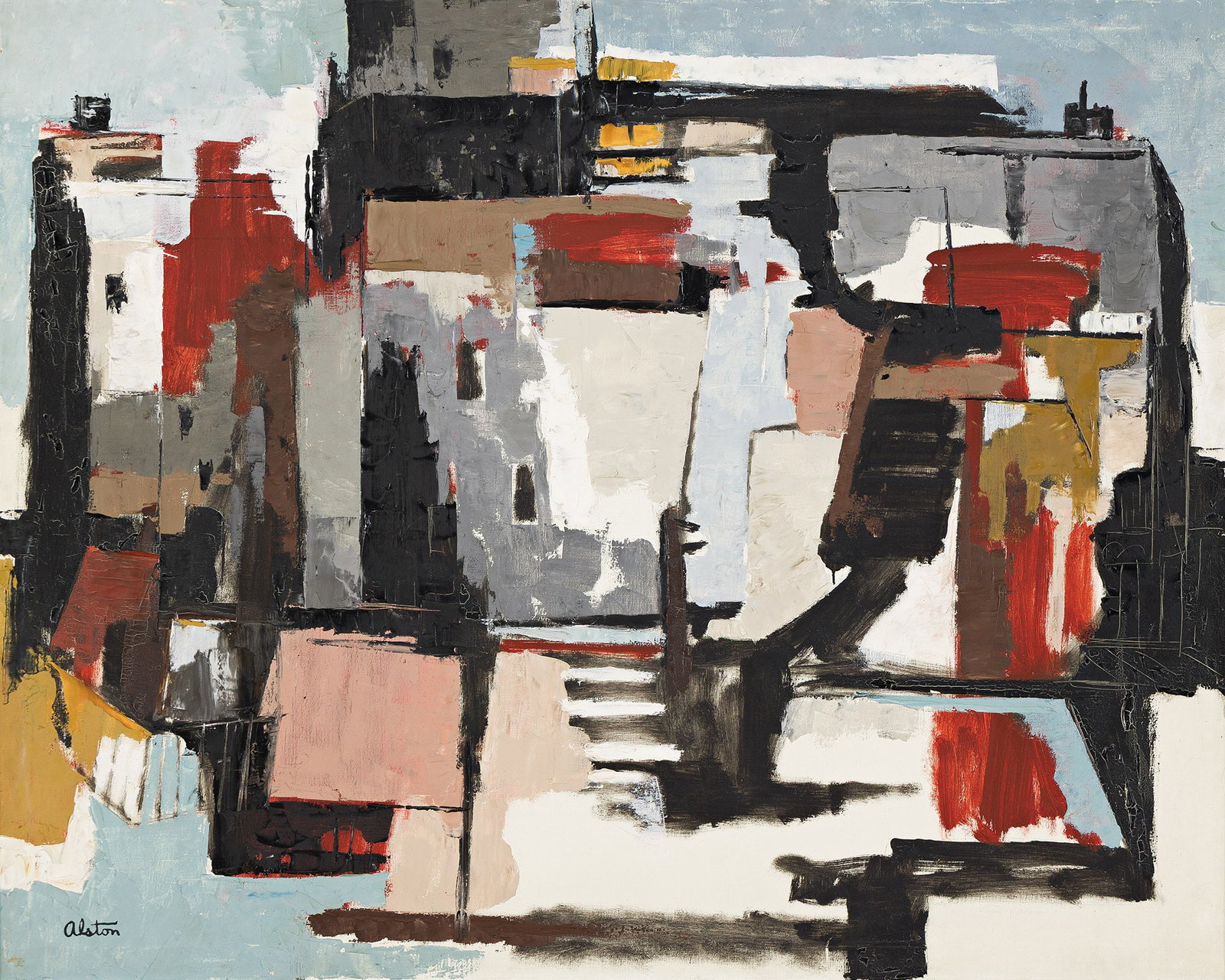 Charles Alston, Demolition (Tenements), Oil on canvas, c. 1958.: Charles Alston (1907-1977) Demolition (Tenements). Oil on canvas, c. 1958. Signed at lower left. Signed in pencil on stretcher. Inscribed, "End of a Landmark," in ink on overlap. Inscribed, "City #2 D