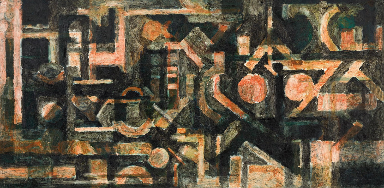Maurice Golubov, Winter Moon, (00243), Oil on masonite, 1948.: Maurice Golubov (1905-1987) Winter Moon, (00243). Oil on masonite, 1948. Titled and dated in ink, verso. Stamped with the artist's estate stamp on a label on backing paper. 24 x 48 in. (61 x 121.9 cm.