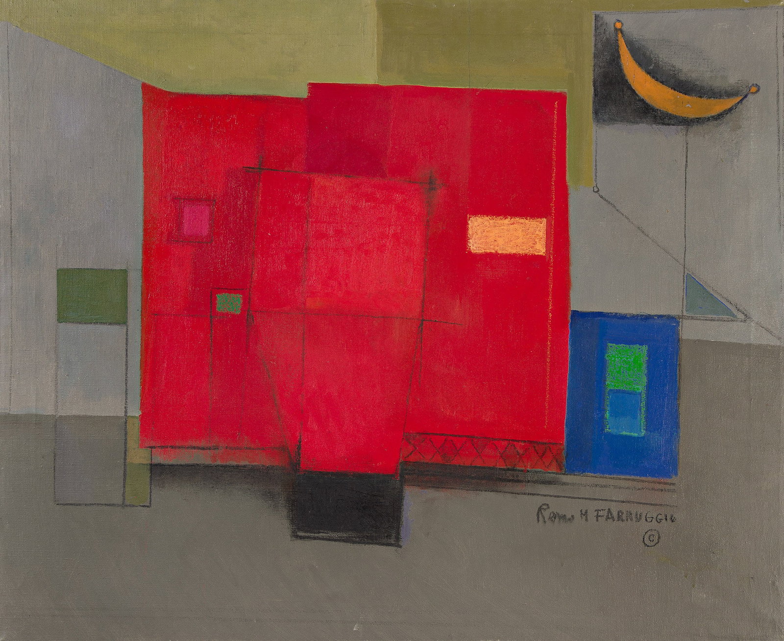 Remo Michael Farruggio, Color Game.: Remo Michael Farruggio (1905-1981) Color Game. Oil and crayon on canvas. Signed in crayon at lower right, recto. Inscribed as titled in ink, verso. 27 x 33 in. (68.6 x 83.8 cm.) Frame: 28 1/4 x 34 i