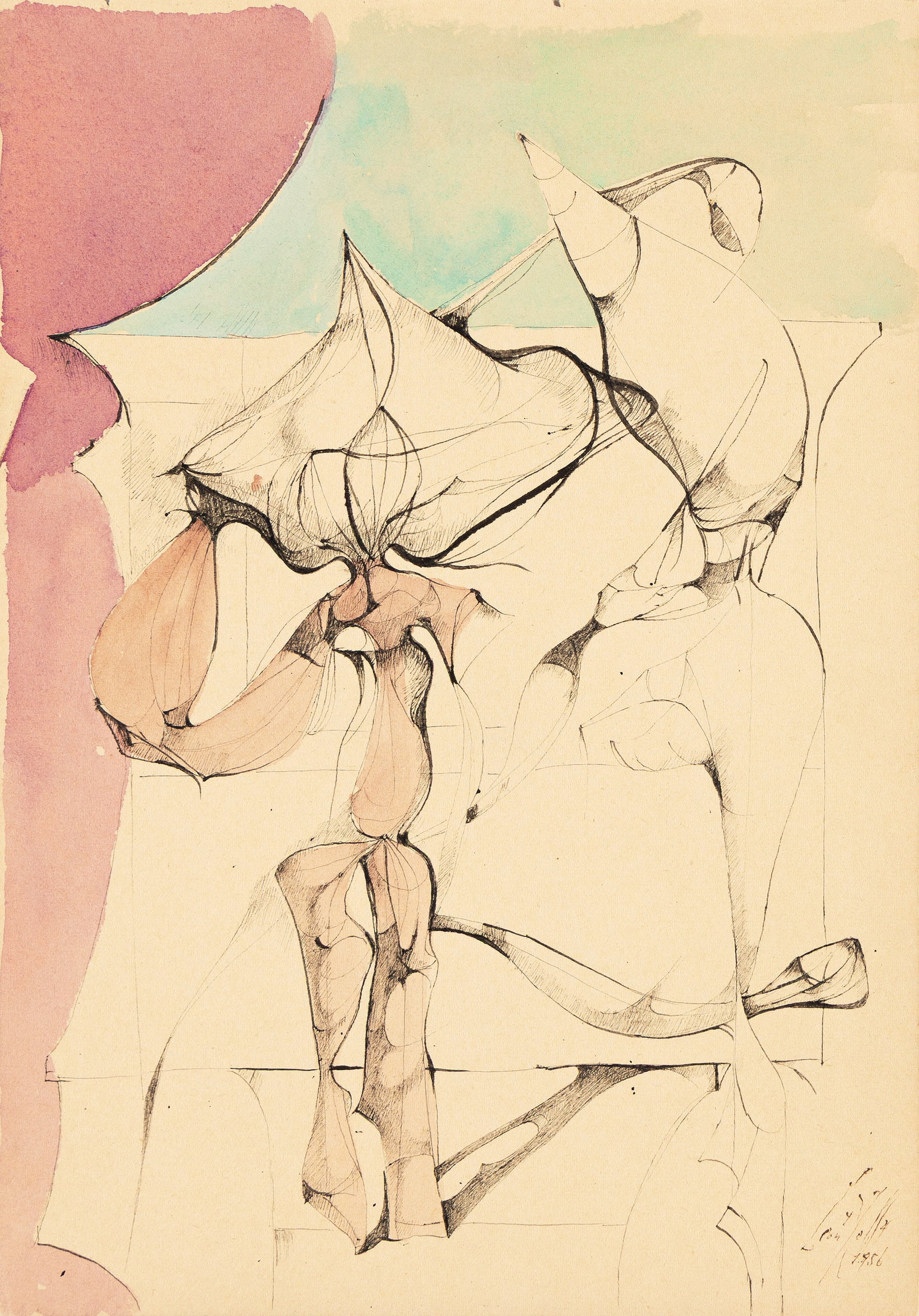 Leon Kelly, Fraternal Encounter, (No. 1125), Ink and watercolor on cream paper, 1956. (1 of 1)