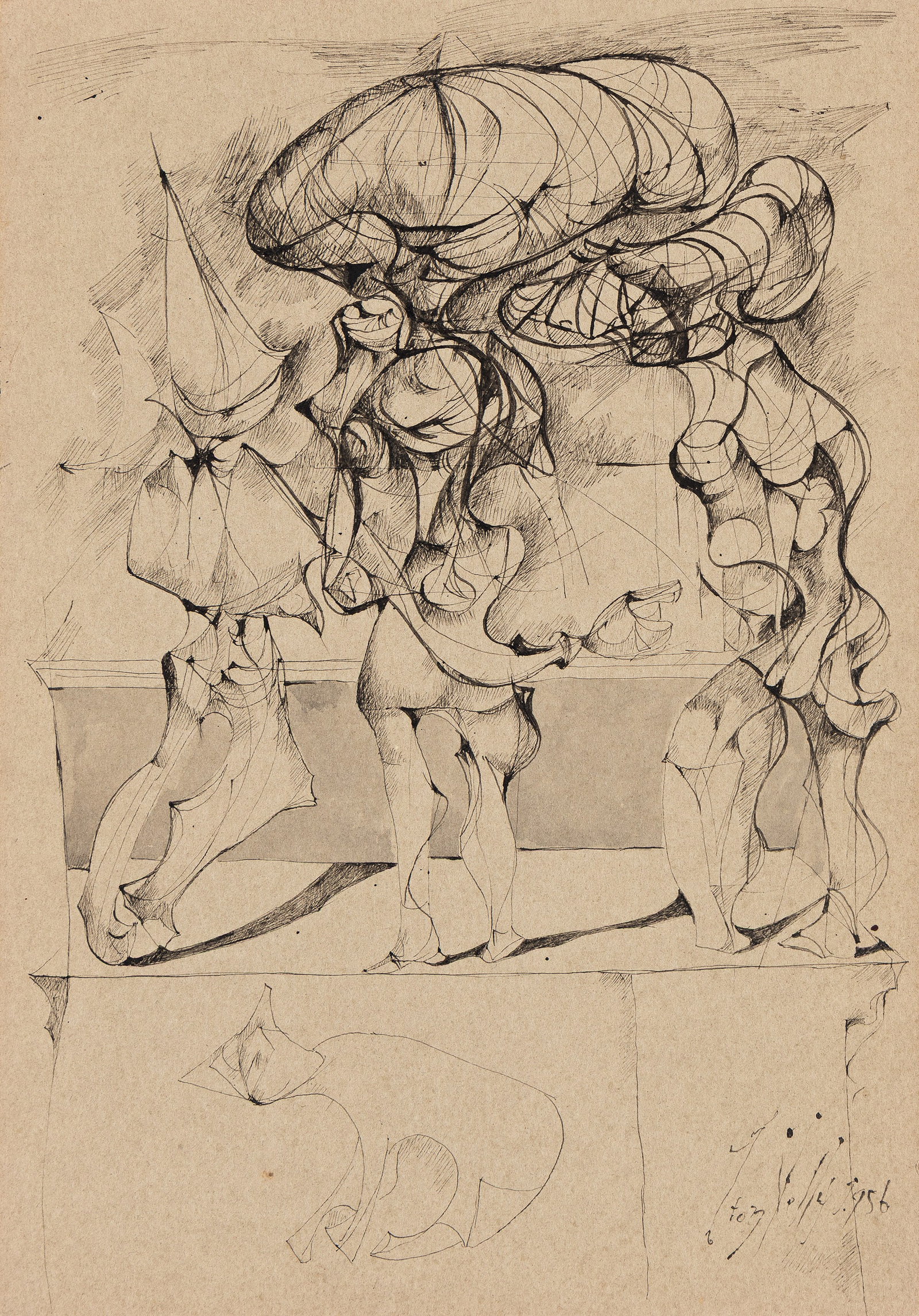 Leon Kelly, Three Personages and a White Cat, (No. 1127), Ink on brown paper, 1956.: Leon Kelly (1901-1982) Three Personages and a White Cat, (No. 1127). Ink on brown paper, 1956. Signed and dated in ink at lower right, recto. Signed, titled, and dated in ink, verso. 9 3/4 x 6 3/4 in.