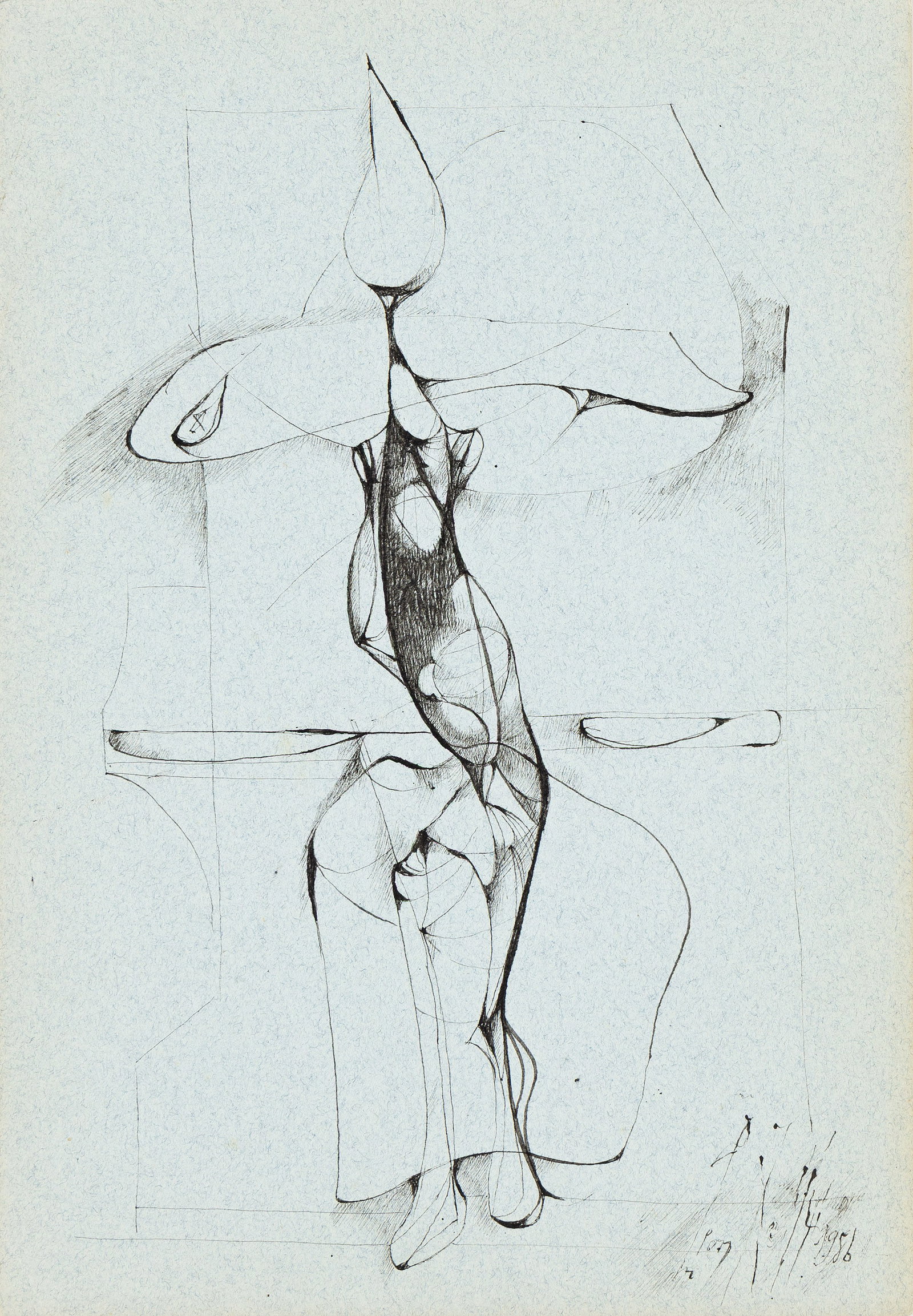 Leon Kelly, Solitary Voyager, (No. 1126), Ink on light blue paper, 1956.: Leon Kelly (1901-1982) Solitary Voyager, (No. 1126). Ink on light blue paper, 1956. Signed and dated in ink at lower right, recto. Signed, titled, and dated in ink, verso. 9 3/4 x 6 3/4 in. (24.8 x 17