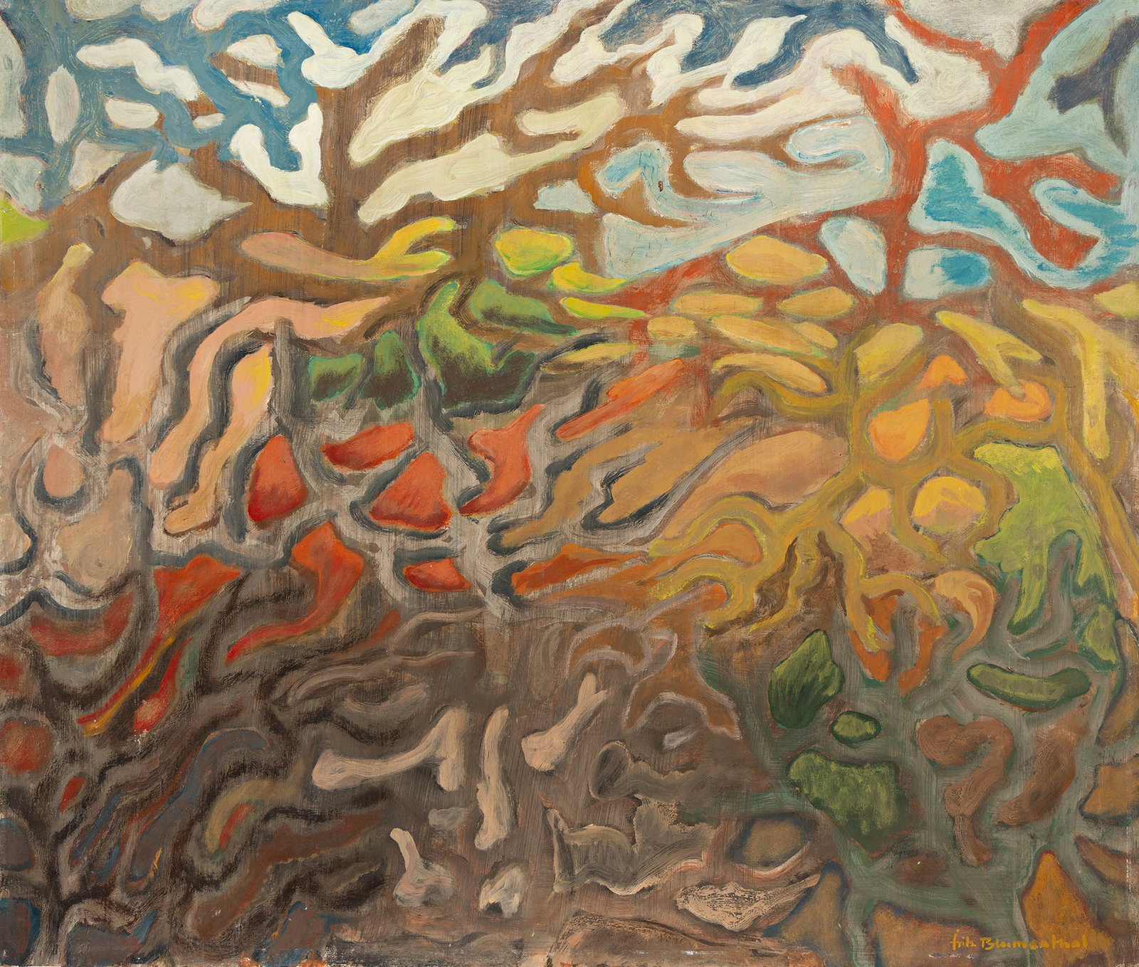 Fritz Blumenthal, Untitled, Oil on masonite, 1958.: Fritz Blumenthal (1913-2002) Untitled. Oil on masonite, 1958. Signed at lower left, recto. Dated in ink, verso. 28 7/8 x 24 1/4 in. (73.3 x 61.6 cm.) Additional Details Provenance: