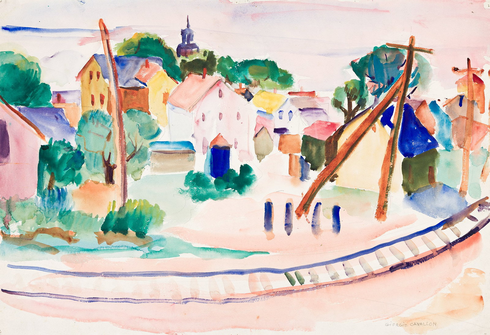 Giorgio Cavallon, Village and Railroad Tracks, Watercolor on paper. (1 of 1)