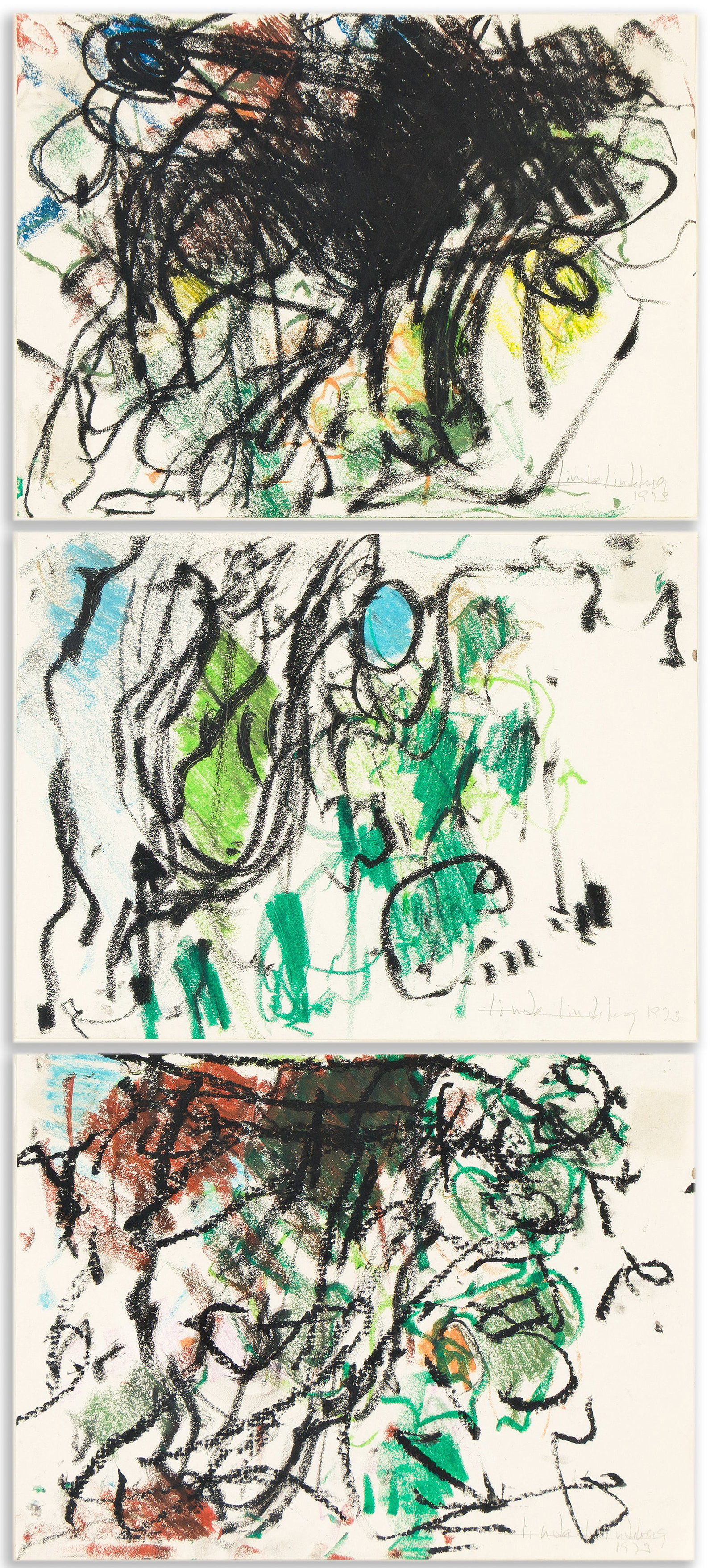 Linda Lindeberg, Tableau, (Three Drawings), Pastel on paper, 1973.: Linda Lindeberg (1915-1973) Tableau, (Three Drawings). Pastel on paper, 1973. Each work is signed and dated in pencil at the lower right. Each: 8 x 10 3/4 in. (20.3 x 27.3 cm.), Frame: 33 x 19 in. (83