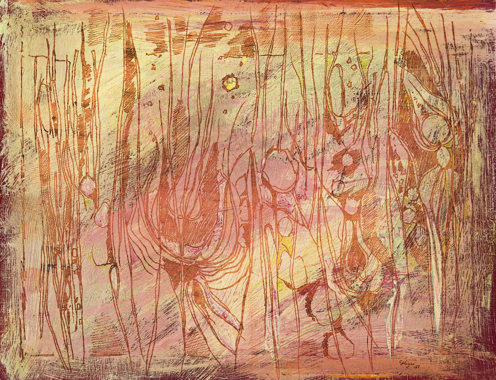 Charles Seliger, Botanical, Acrylic on masonite, 1967.: Charles Seliger (1926-2009) Botanical. Acrylic on masonite, 1967. Signed and dated at lower right, recto. 8 x 10 1/2 in. (20.3 x 26.7 cm.), Frame: 12 1/2 x 15 x 1 1/2 in. (31.8 x 38.1 x 3.8 cm.)
