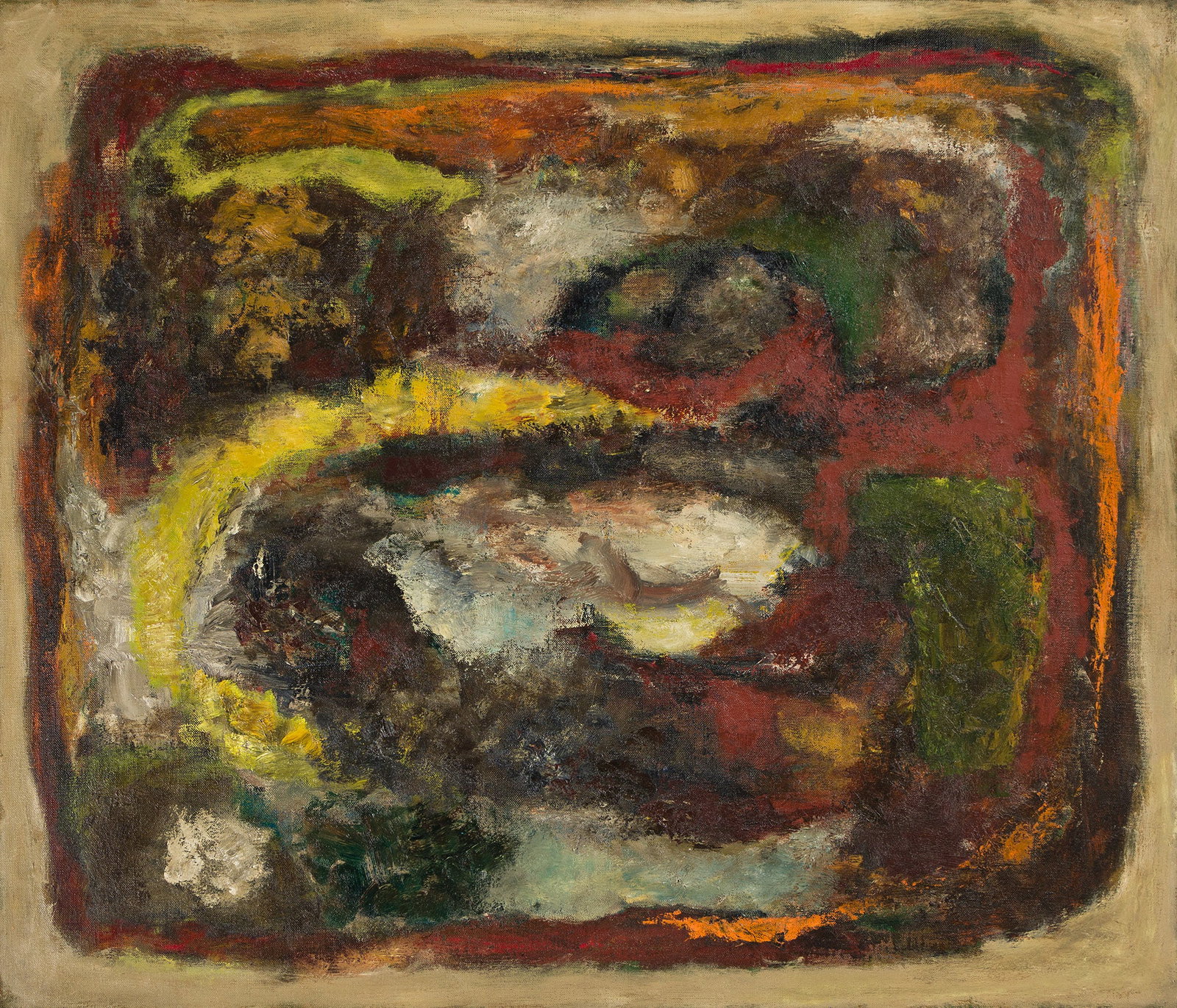 Felrath Hines, Brown Landscape; Autumn Eve, Oil on canvas, circa 1950.: Felrath Hines (1913-1993) Brown Landscape; Autumn Eve. Oil on canvas, circa 1950. Signed in ink on the backing board, verso. Inscribed as titled in ink on the stretcher. 24 x 28 in. (61 x 71.1 cm.), F
