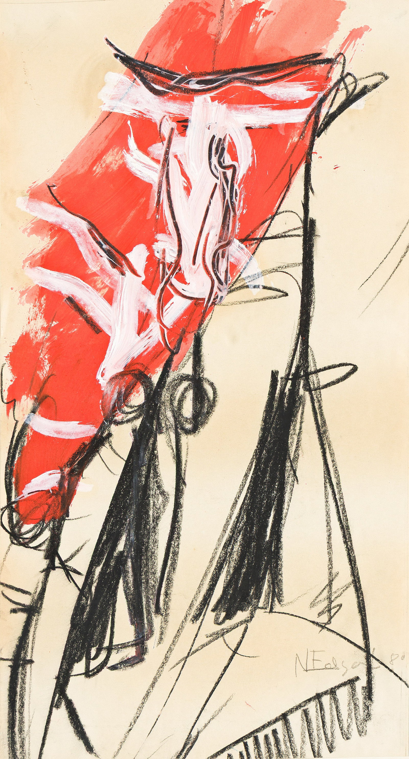 Natalie Edgar, Untitled, Gouache and charcoal on paper, 1980.: Natalie Edgar (b. 1932) Untitled. Gouache and charcoal on paper, 1980. Signed and dated in pencil at lower right. 13 1/4 x 7 in. (33.7 x 17.8 cm.) Additional Details Provenance: