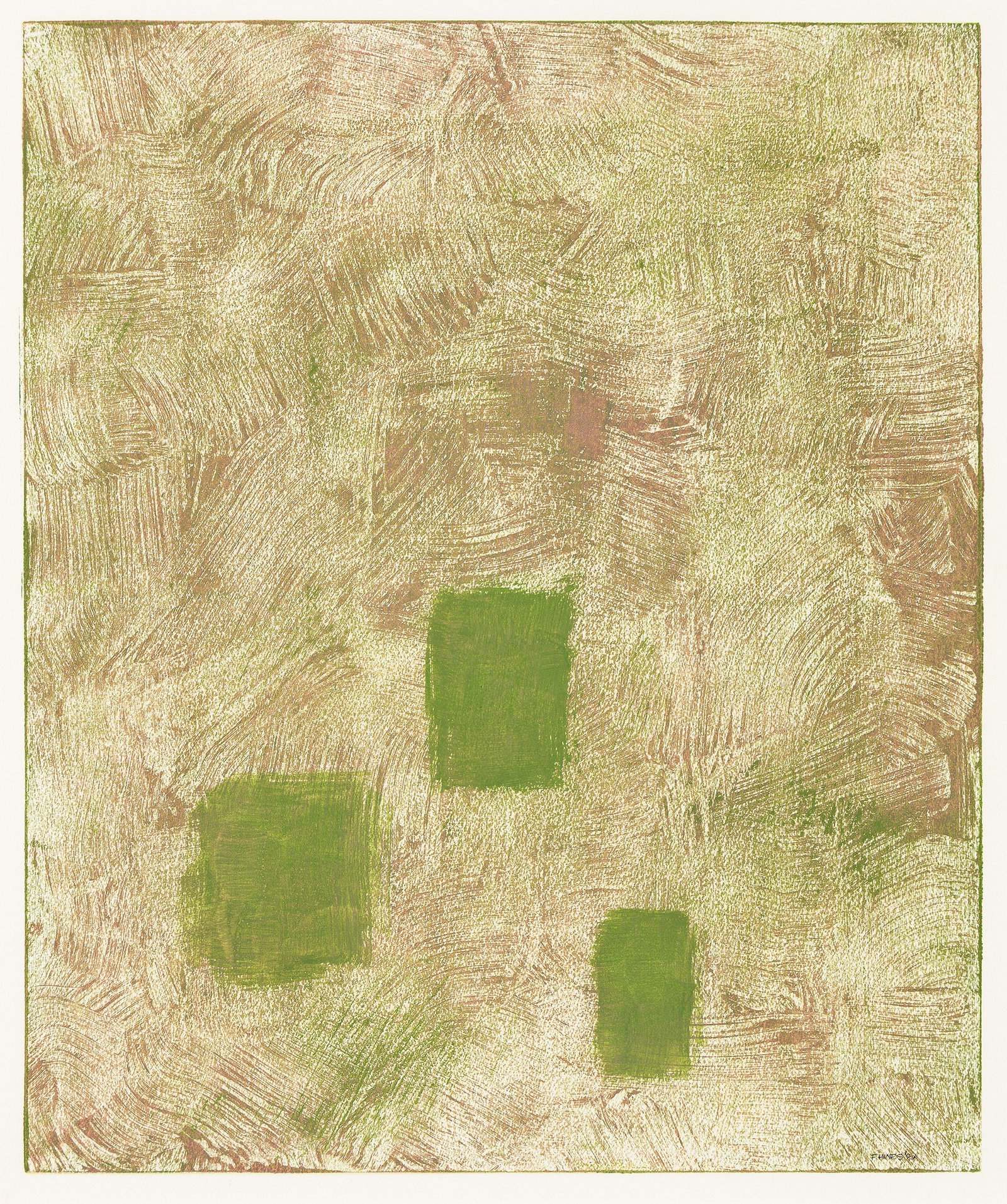 Felrath Hines, Secrets #3, Oil monotype on paper, 1983.: Felrath Hines (1913-1993) Secrets #3. Oil monotype on paper, 1983. Signed and dated in pencil, lower right image. Image: 24 x 20 in. (61 x 50.8 cm.), full margins. Frame: 34 1/4 x 28 1/4 in. (87 x 7