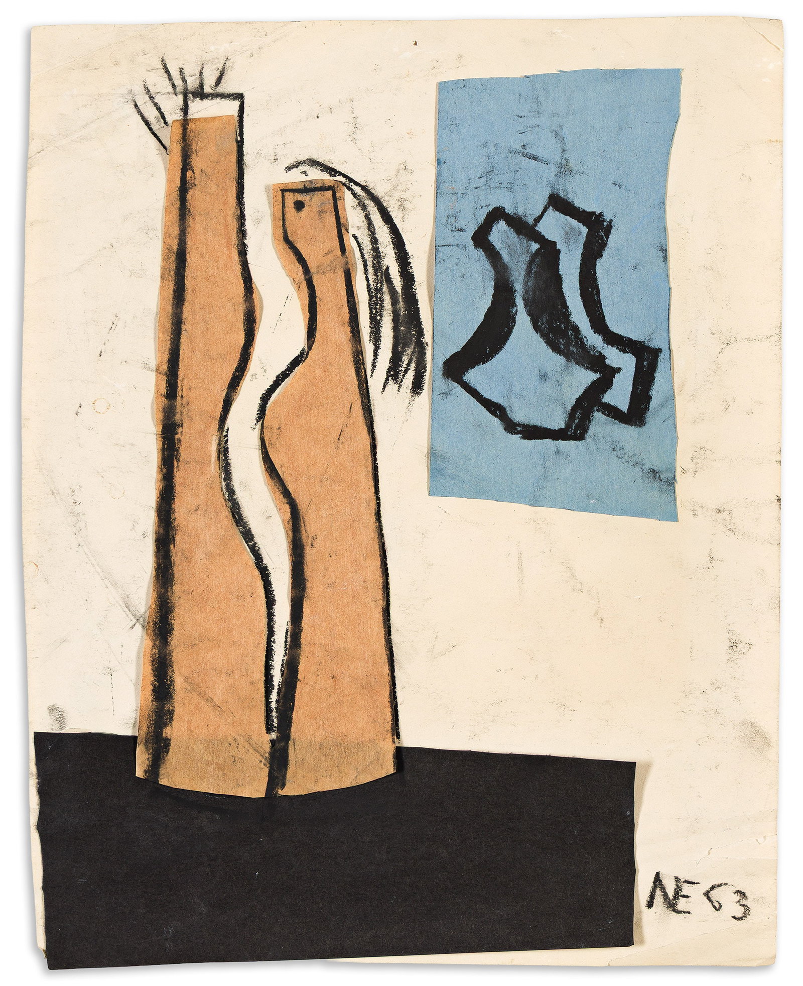 Nadine Effront, Abstract Collage, Charcoal and collage on paper, 1963.: Nadine Effront (1901-1974) Abstract Collage. Charcoal and collage on paper, 1963. Signed and dated in charcoal at lower right. 15 1/4 x 12 1/4 in. (38.7 x 31.1 cm.), Frame: 20 1/2 x 17 3/4 in. (52.1 x