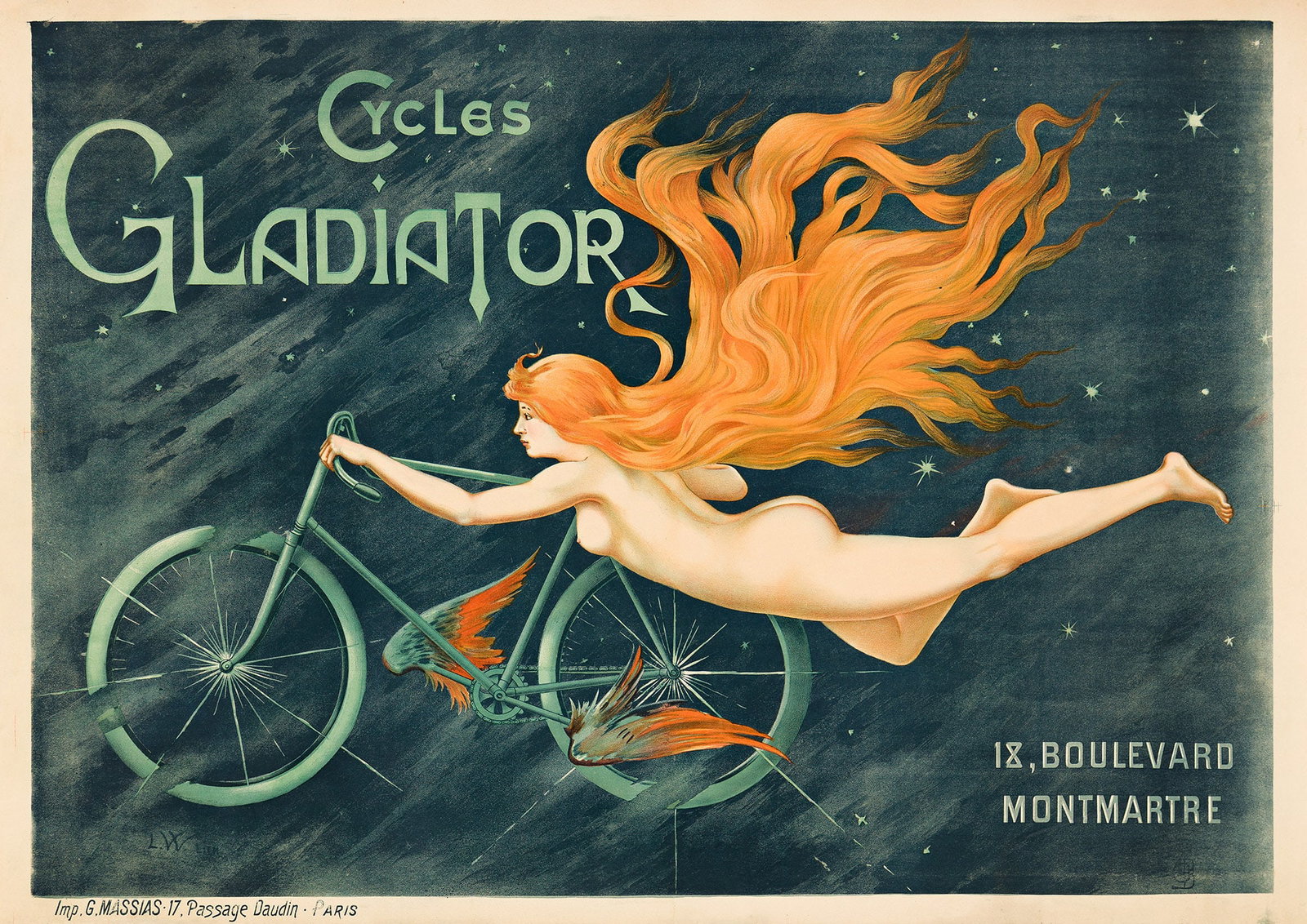 Designer Unknown, Cycles Gladiator. Circa 1895.: Designer Unknown Cycles Gladiator. Circa 1895. Condition A-: expertly-replaced losses at edges; minor repaired tears and restoration along printer's creases in margins and image. During the 1890s, whe