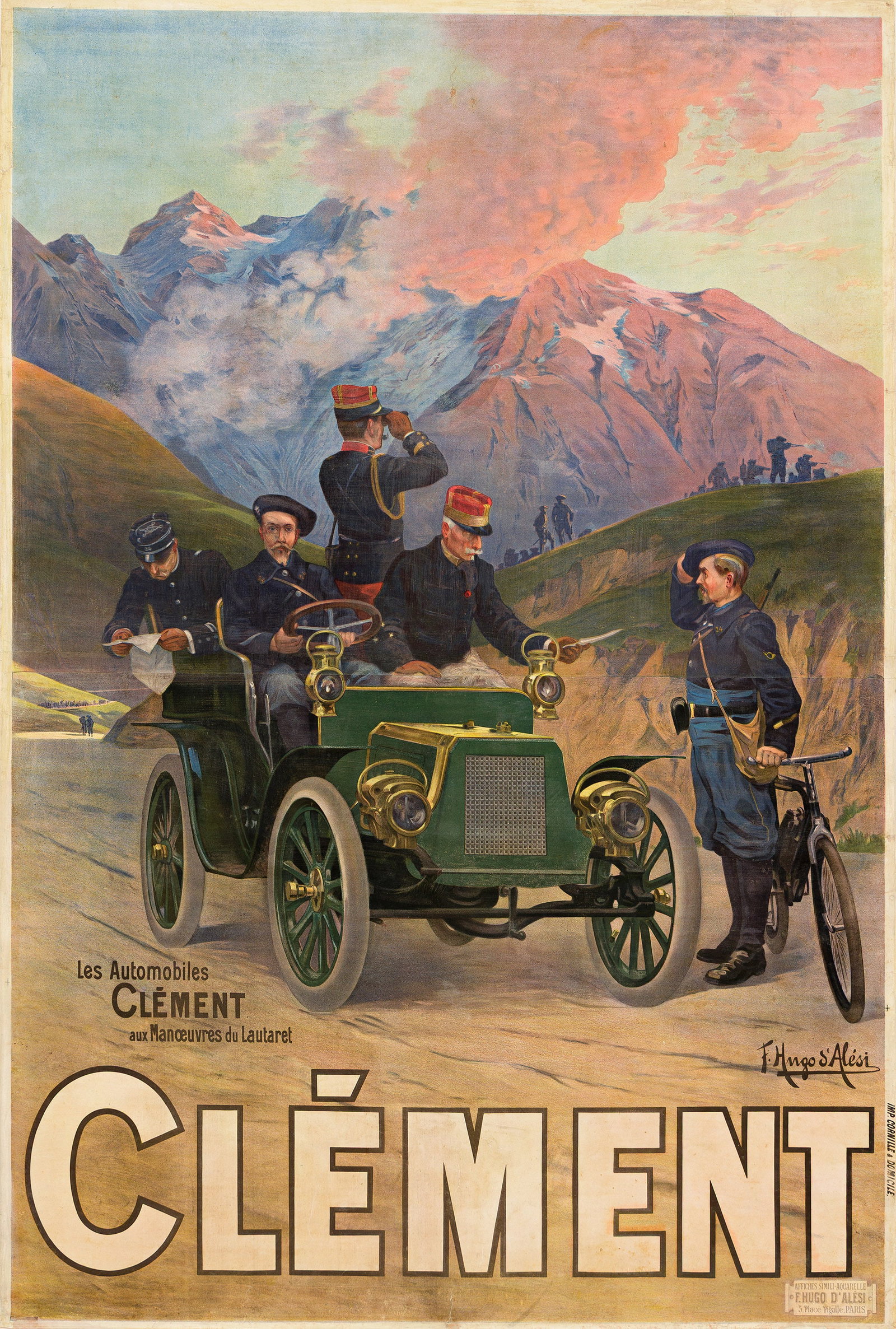 F. Hugo d'Alési, Les Automobiles Clément. Circa 1905.: F. Hugo d'Alési 1849-1906 Les Automobiles Clément. Circa 1905. Condition B-: extensive repaired tears, overpainting and discoloration in margins; repaired tears, small replaced losses, abras