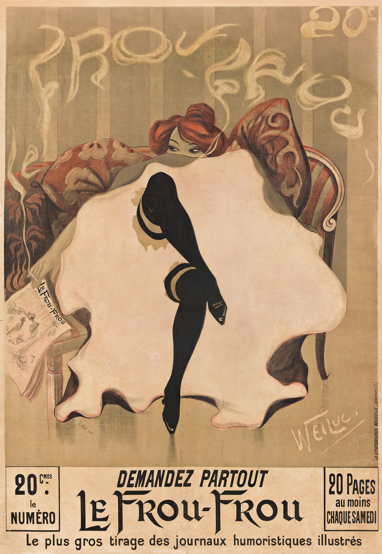 Lucien Henri Weil, (Weiluc), Le Frou Frou. 1900.: Lucien Henri Weil (Weiluc) 1873-1947 Le Frou Frou / La Lithographie Nouvelle, Asnieres. 1900. Condition C+: upper text and top of poster replaced; extensive repaired tears, replaced losses, creases an