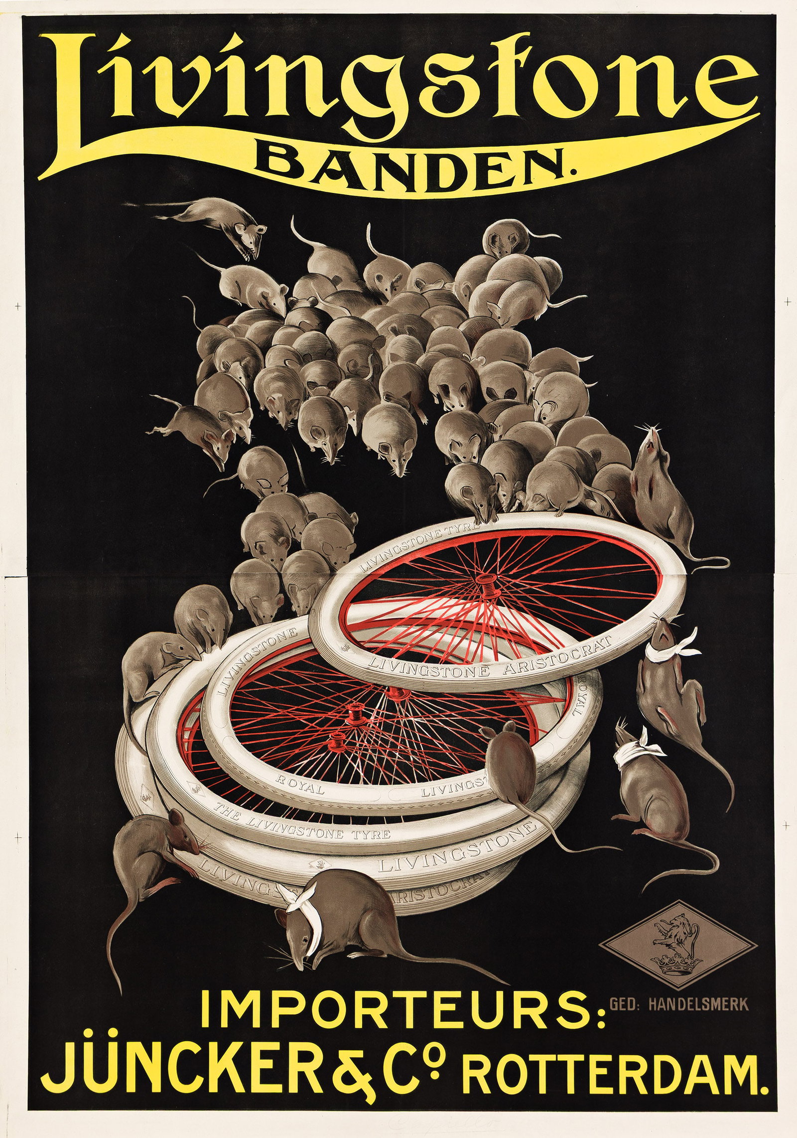 Leonetto Cappiello, Livingstone Banden. Circa 1911.: Leonetto Cappiello 1875-1942 Livingstone Banden. Circa 1911. Condition A- / A: minor restoration at seam. Two-sheets. This exceptional, albeit macabre image was used here for the Livingstone company, 