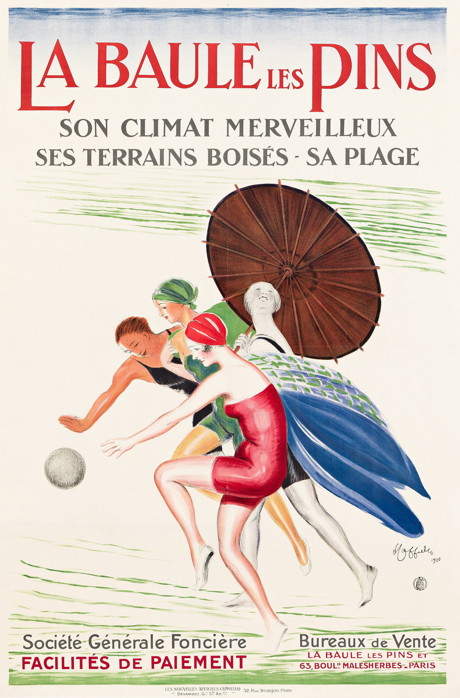 Leonetto Cappiello, La Baule les Pins. 1926.: Leonetto Cappiello 1875-1942 La Baule les Pins. 1926. Condition B+: replaced loss in lower left image; minor repaired tears, creases and restoration in margins and along vertical and horizontal folds;