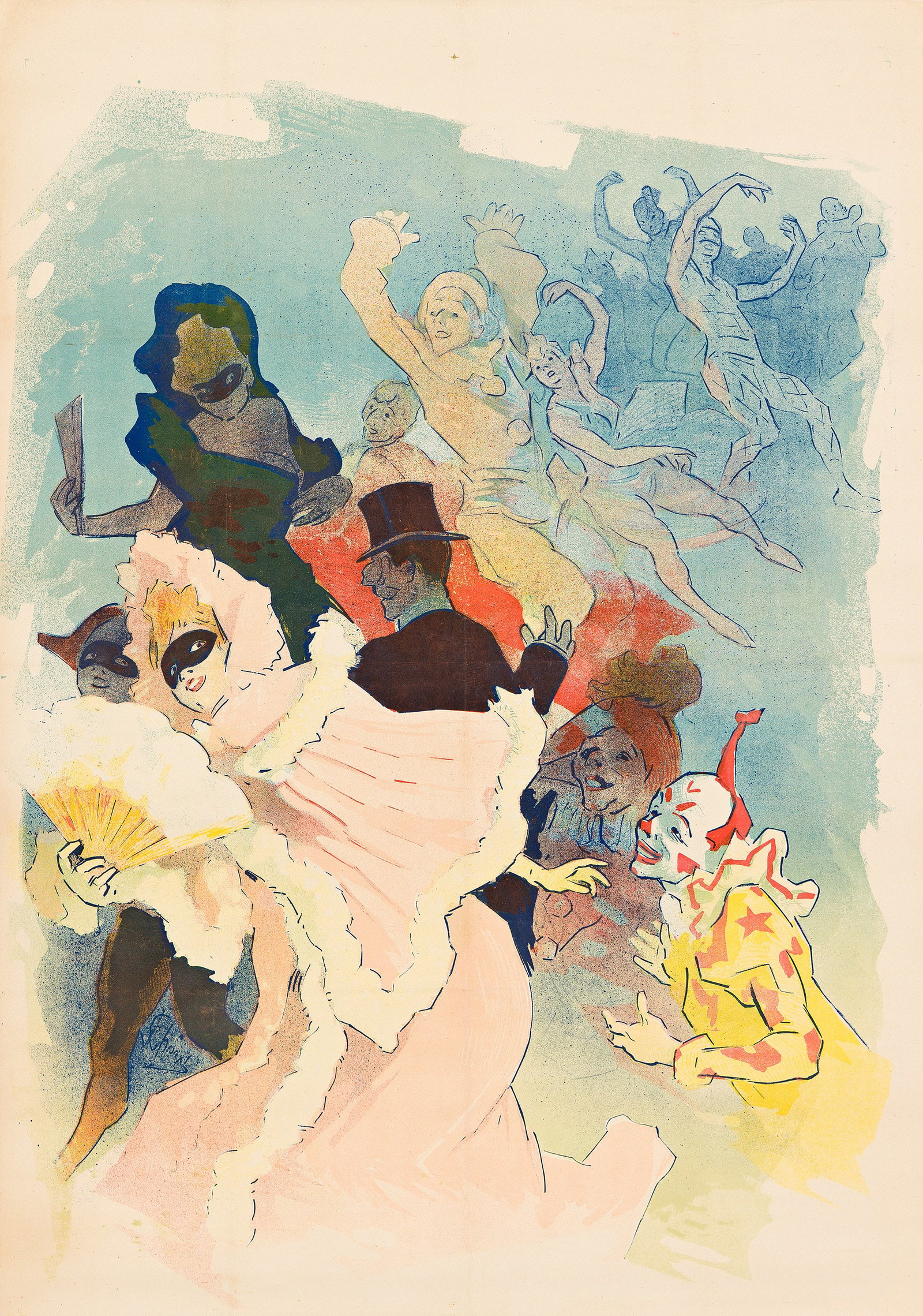 Jules Chéret, [Théâtre de L'Opéra / Carnival]. 1894.: Jules Chéret 1836-1932 [Théâtre de L'Opéra / Carnival]. 1894. Condition B+: replaced losses and darkening at edges; repaired tears, creases and restoration at edges and along verti