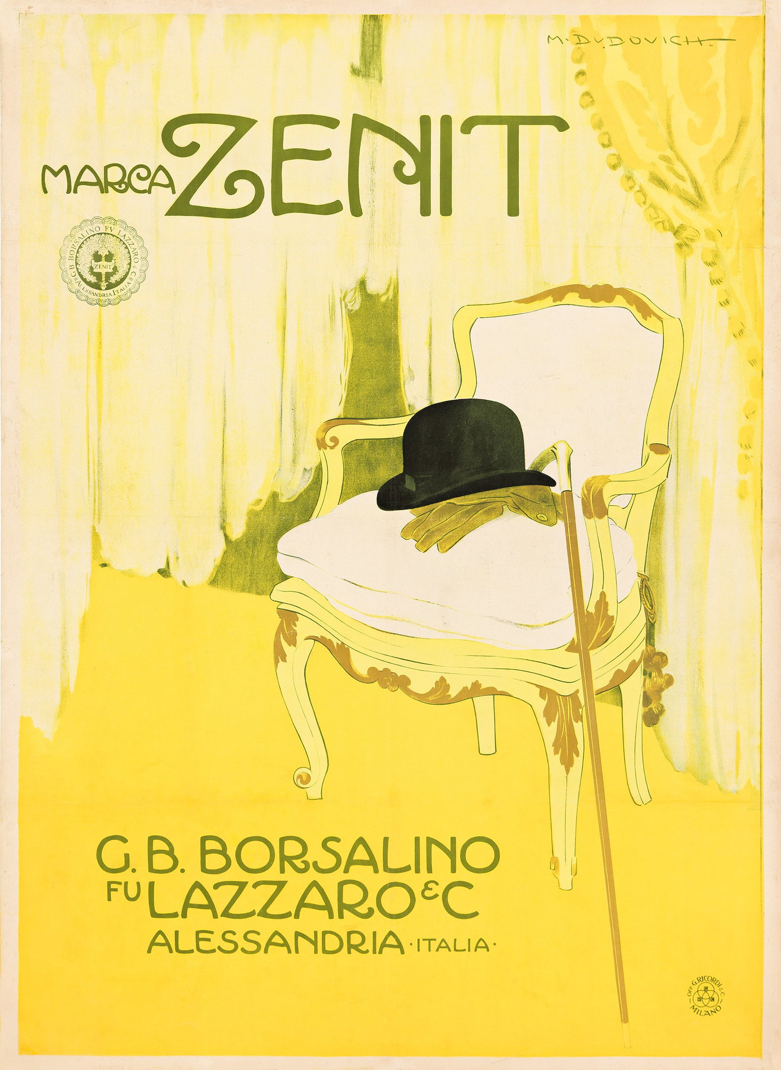 Marcello Dudovich, Marca Zenit / G.B. Borsalino. 1911.: Marcello Dudovich 1878-1962 Marca Zenit / G.B. Borsalino. 1911. Condition B+: overpainting in bottom left margin; minor repaired tears, creases and restoration in margins and along vertical and horizo