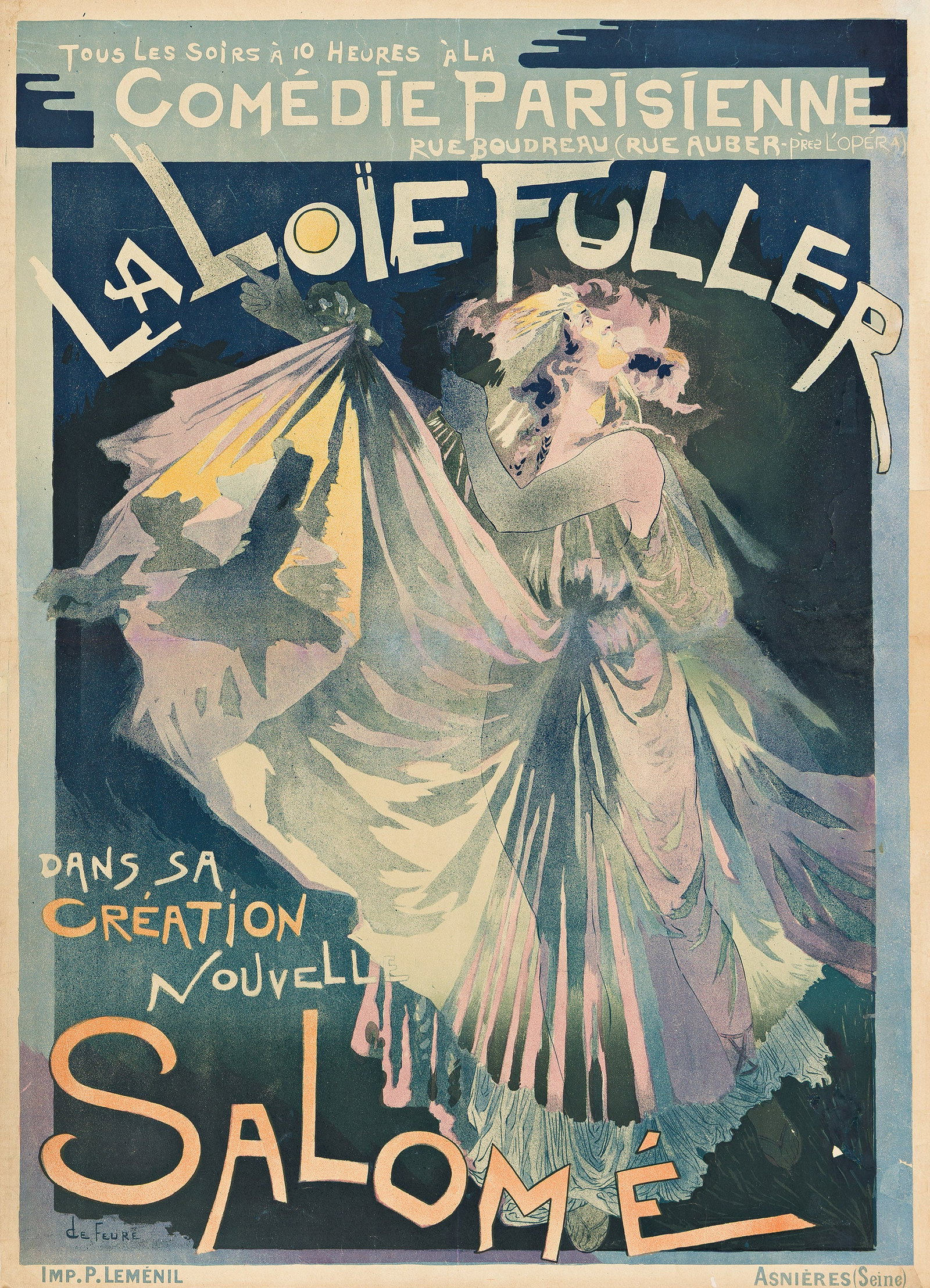 Georges de Feure, La Loie Fuller / Salomé. 1900.: Georges de Feure 1868-1943 La Loie Fuller / Salomé. 1900. Condition B: partially-replaced right margin; replaced losses, repaired tears, creases and restoration along vertical and horizontal fold