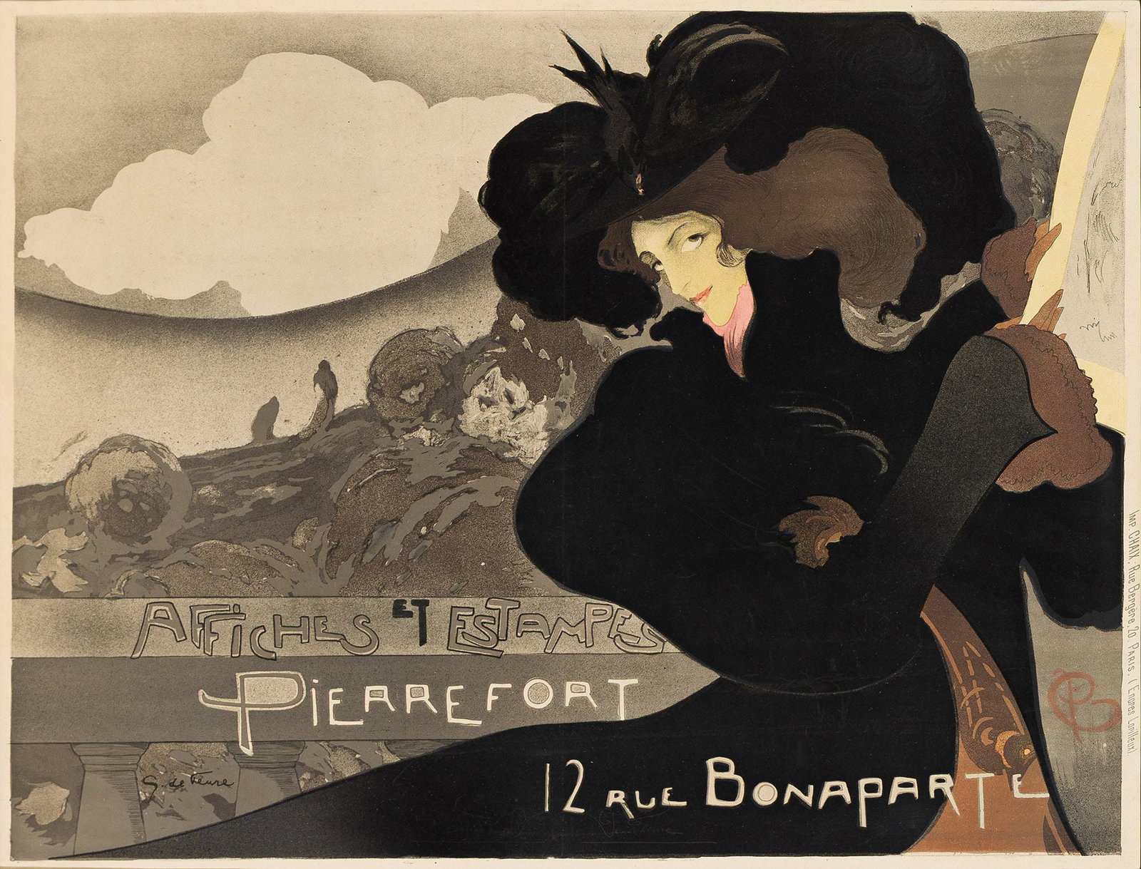 Georges de Feure, Affiches et Estampes Pierrefort. 1898.: Georges de Feure 1868-1943 Affiches et Estampes Pierrefort. 1898. Condition A-: minor restoration along vertical fold; hand-signed by the artist in pencil at lower image. Matted and framed. "The woman
