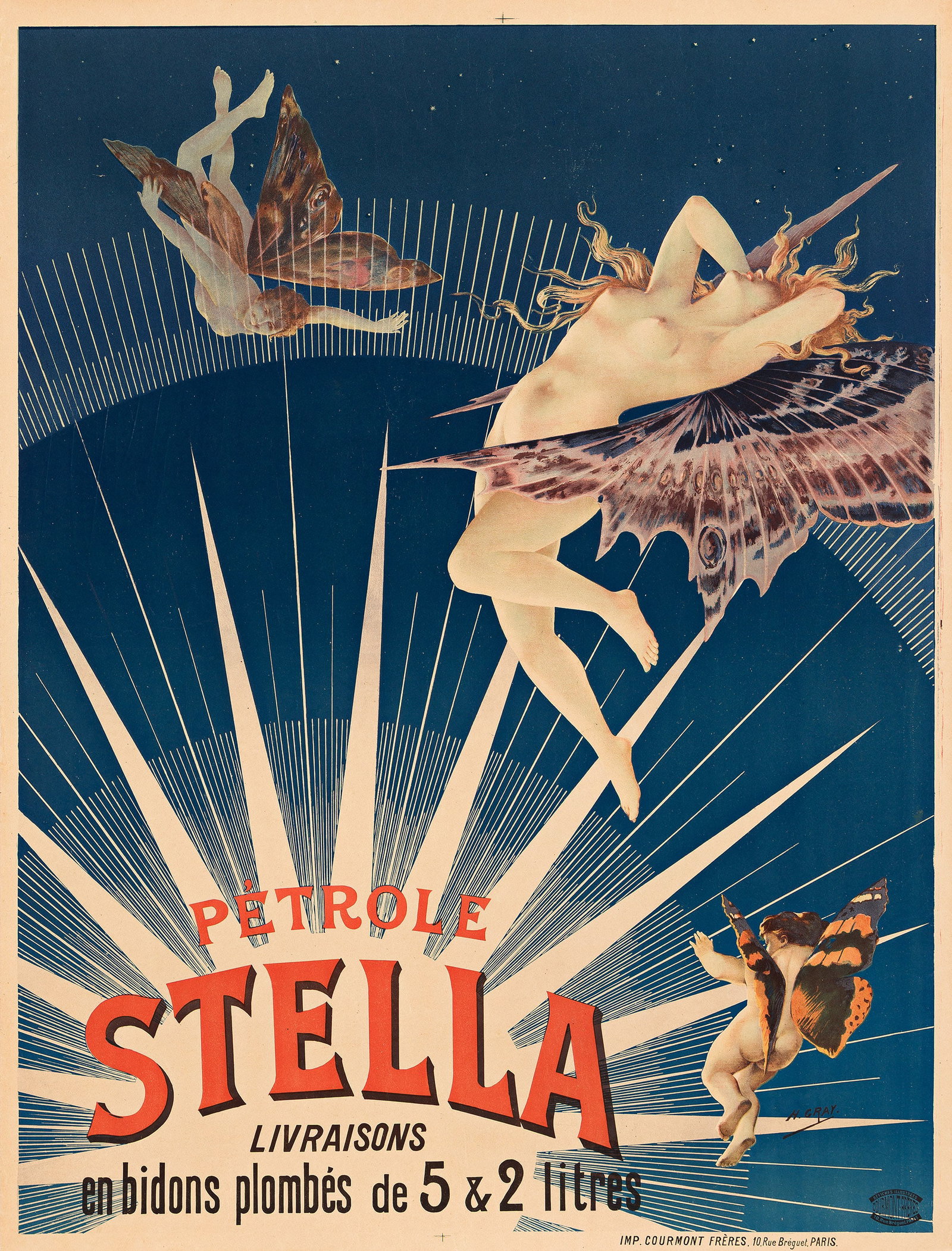 H. Gray, (Henri Boulanger), Pétrole Stella. 1897.: H. Gray (Henri Boulanger) 1858-1924 Pétrole Stella. 1897. Condition A-: minor replaced losses and repaired tears at edges; repaired pin holes in corners. In the late 1890s, Gray designed a number
