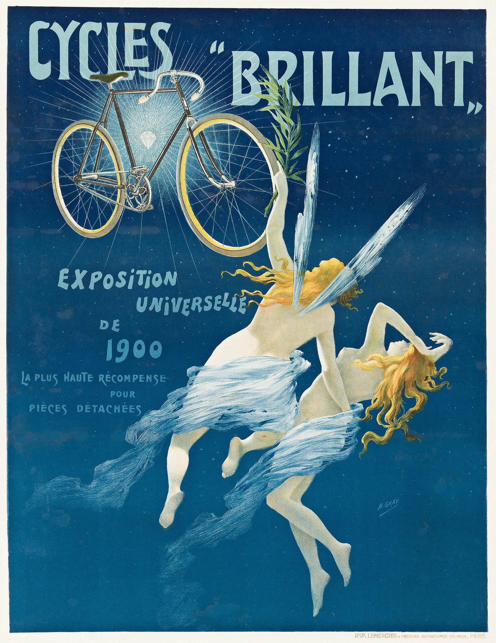 H. Gray, (Henri Boulanger), Cycles "Brillant." Circa 1900.: H. Gray (Henri Boulanger) 1858-1924 H. Gray, (Henri Boulanger), Cycles "Brillant." Circa 1900. Condition B: extensive overpainting throughout margins, including printers text; overpainting over replac