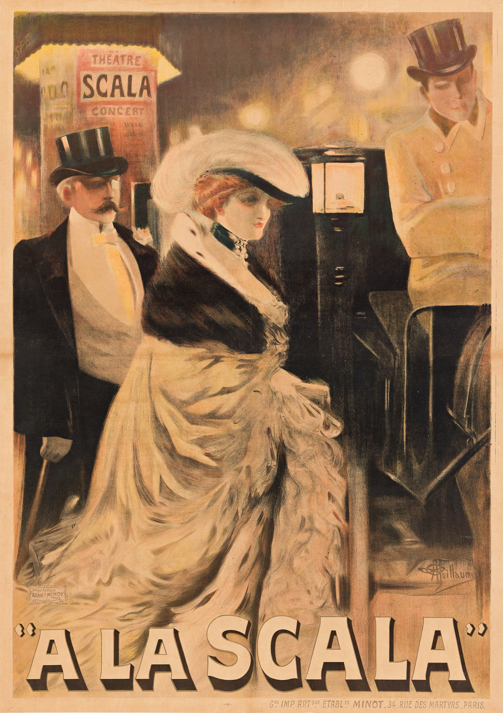 Albert Guillaume, "A La Scala." 1908.: Albert Guillaume 1873-1942 "A La Scala." 1908. Condition B+ minor repaired tears, replaced losses and restoration at edges and along vertical and horizontal folds. A member of the grande bourgeois, Gu