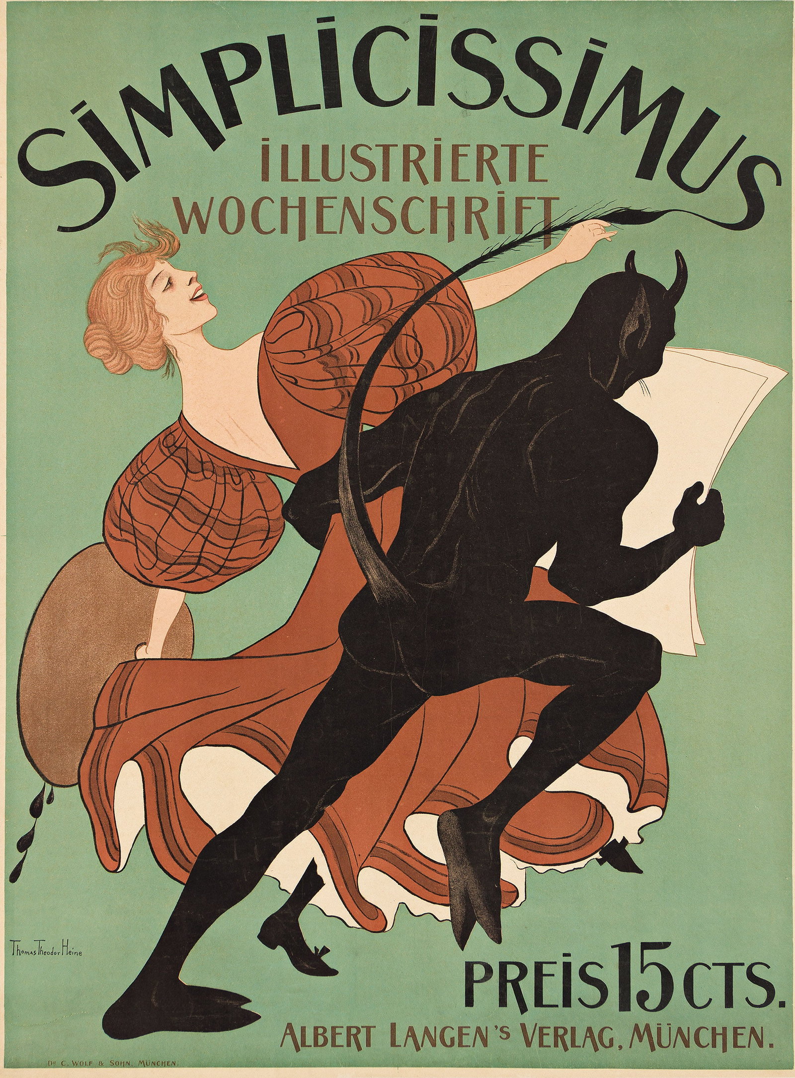 Thomas Theodor Heine, Simplicissimus. 1896.,: Thomas Theodor Heine 1867-1948 Simplicissimus. 1896. Condition B+: repaired tears at edges, some slightly into image and upper text; partially-replaced top margin, mostly trimmed off. Thomas Heine was