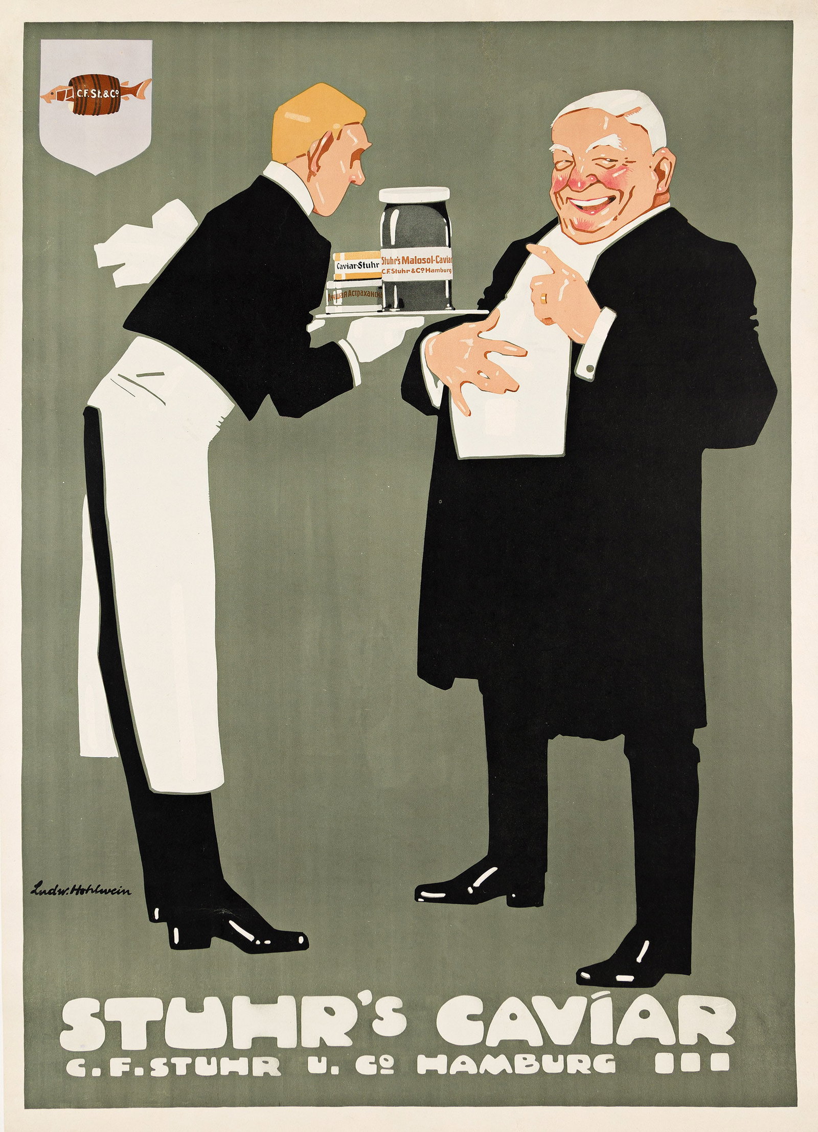 Ludwig Hohlwein, Stuhr's Caviar. 1909.: Ludwig Hohlwein 1874-1949 Stuhr's Caviar. 1909. Condition B+: replaced losses in top margin and upper left corner; repaired tears at edges, some slightly into image; creases and abrasions in margins a