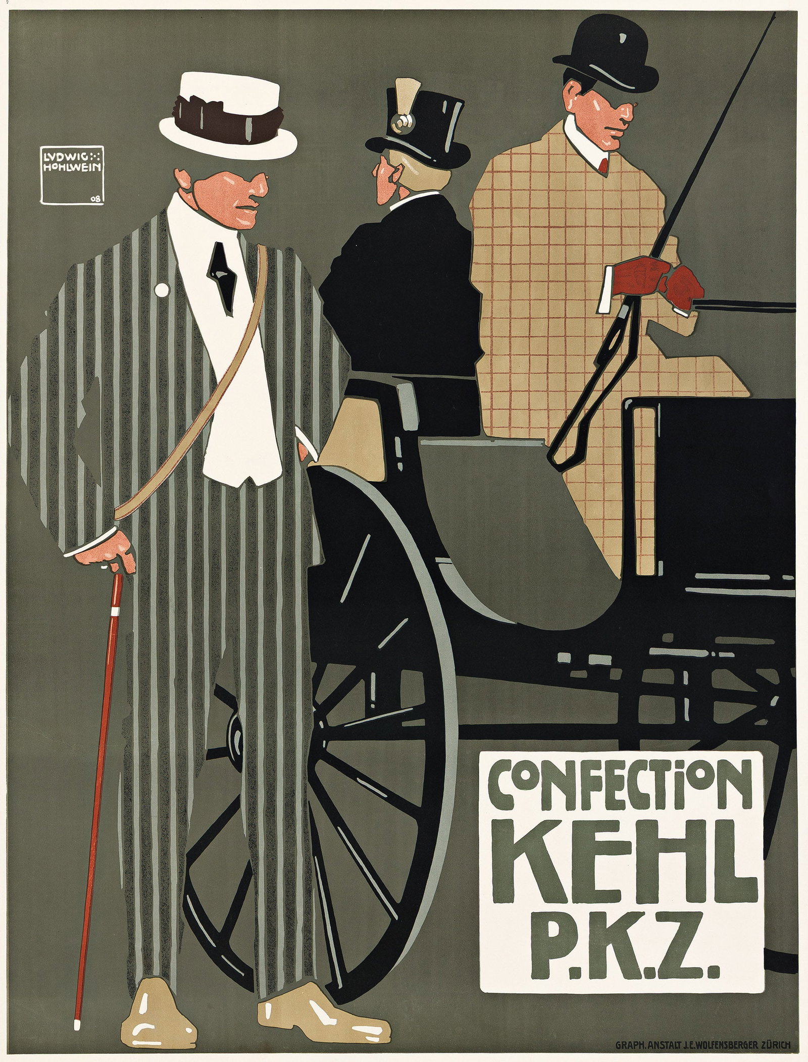 Ludwig Hohlwein, Confection Kehl PKZ. 1908.: Ludwig Hohlwein 1874-1949 Confection Kehl PKZ. 1908. Condition B+: repaired tears at edges, one into lower left image; minor creases in image. This was the very first poster issued by the esteemed men