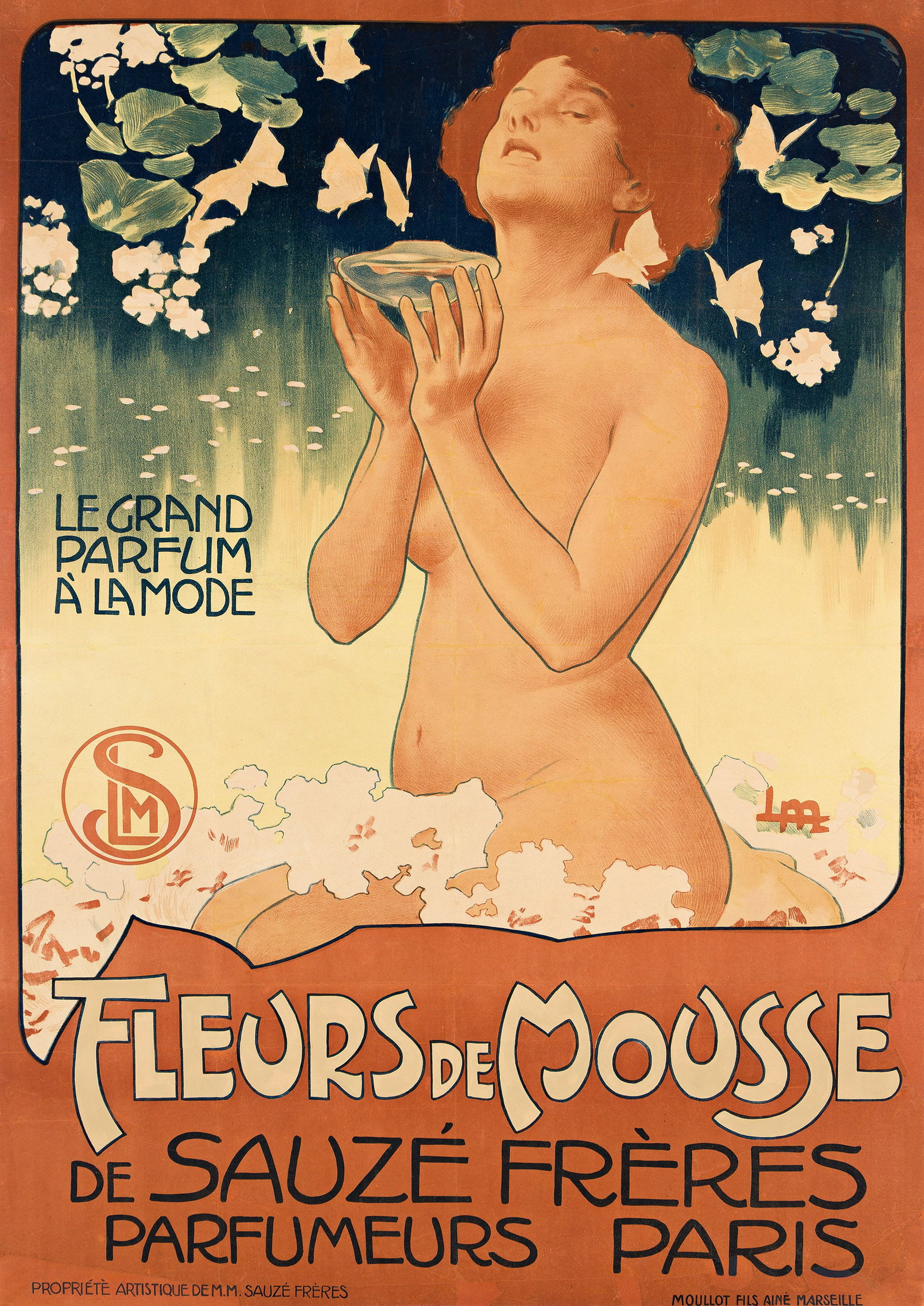 Leopoldo Metlicovitz, Fleurs de Mousse. 1899.: Leopoldo Metlicovitz 1868-1944 Fleurs de Mousse. 1899. Condition B: extensive replaced losses and overpainting in margins, text and image; repaired tears, creases and overpainting in margins, image an