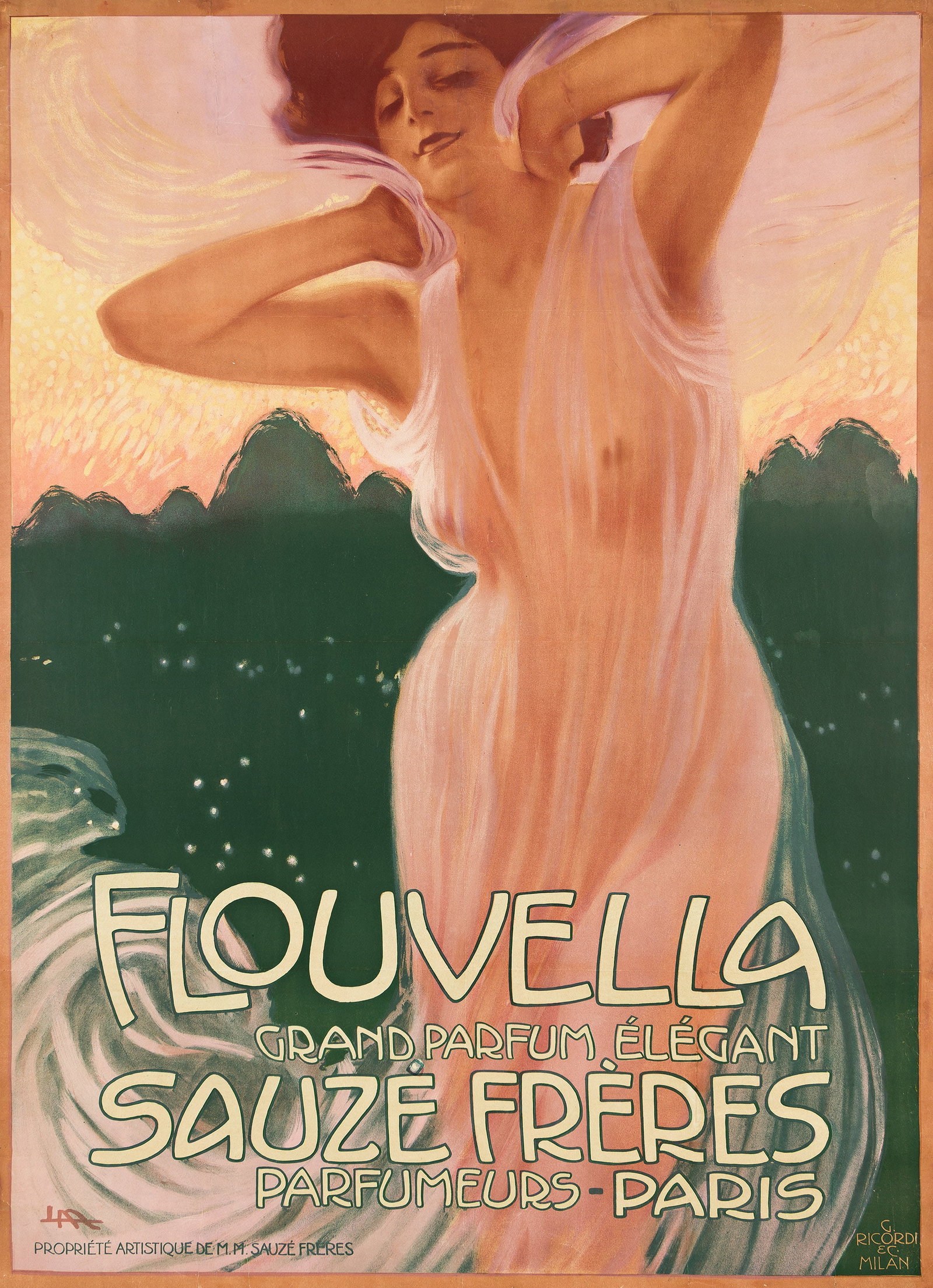 Leopoldo Metlicovitz, Flouvella Sauzé Frères. Circa 1910.: Leopoldo Metlicovitz 1868-1944 Flouvella Sauzé Frères. Circa 1910. Condition B+: repaired tears, replaced losses, creases and restoration in margins and image and along vertical and horizont